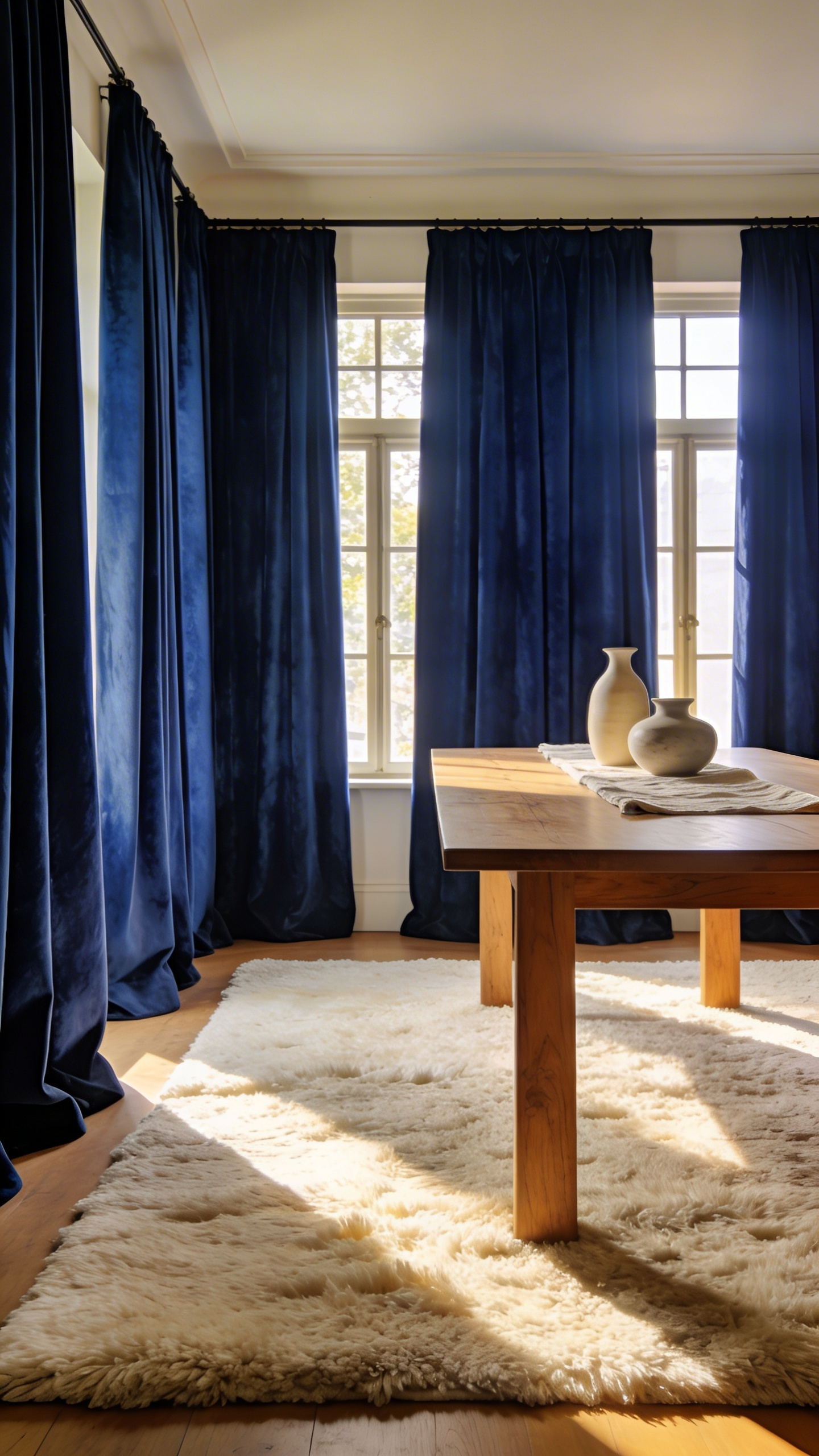 A sophisticated dining room interior featuring heavy navy velvet curtains and a plush wool rug for acoustic warmth and elegant decor.