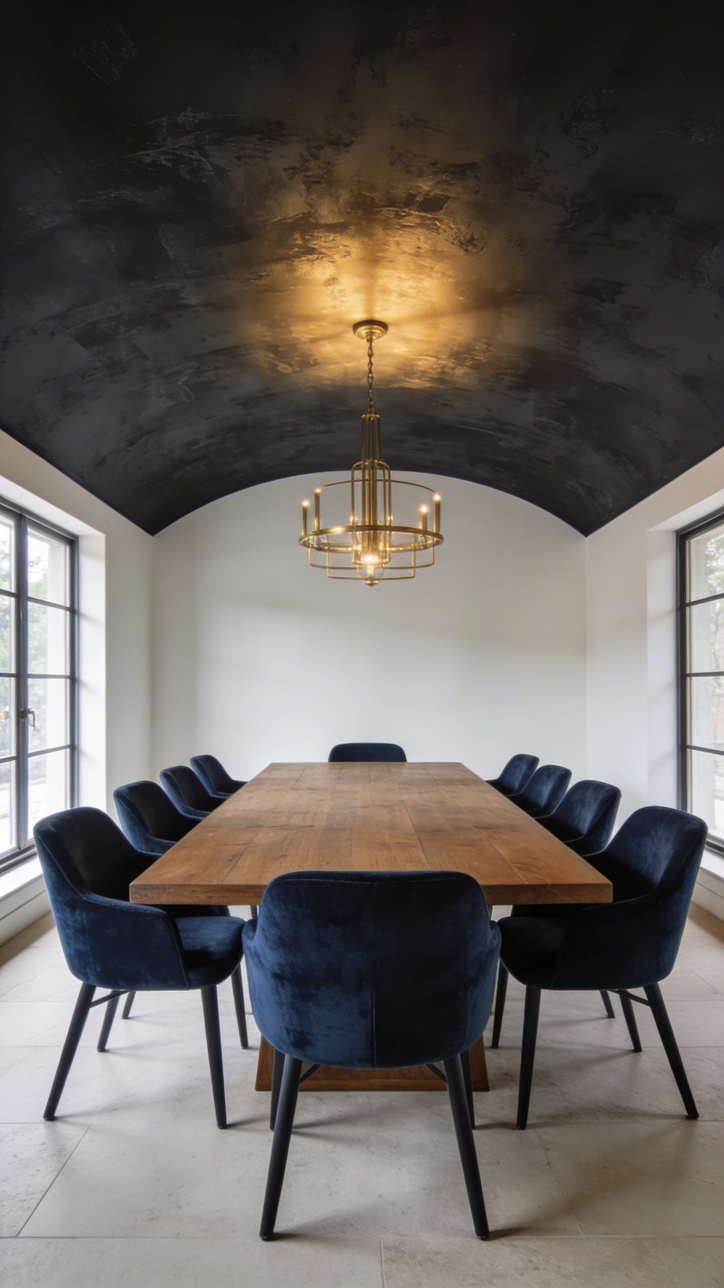 A luxurious dining room featuring a dark charcoal painted ceiling and a large wooden dining table with velvet chairs.