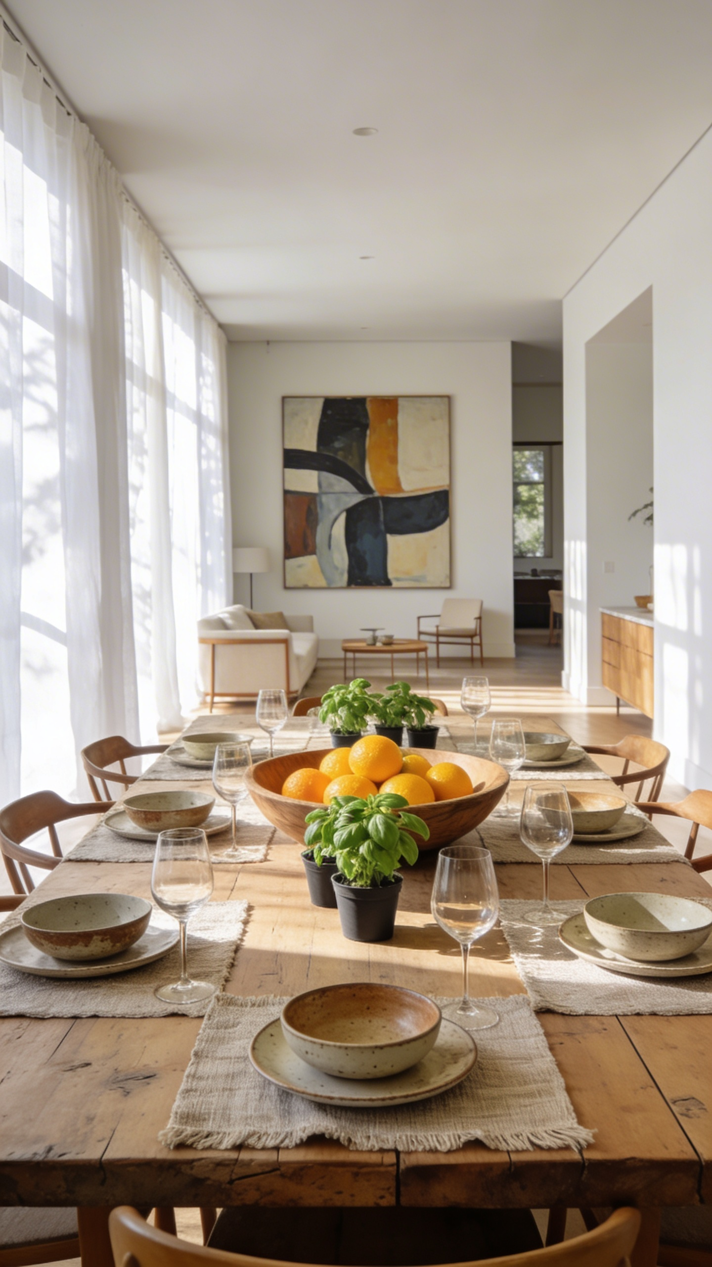 A modern dining room with a minimalist table setting featuring fresh herbs and citrus centerpieces to illustrate food-friendly scentscaping.