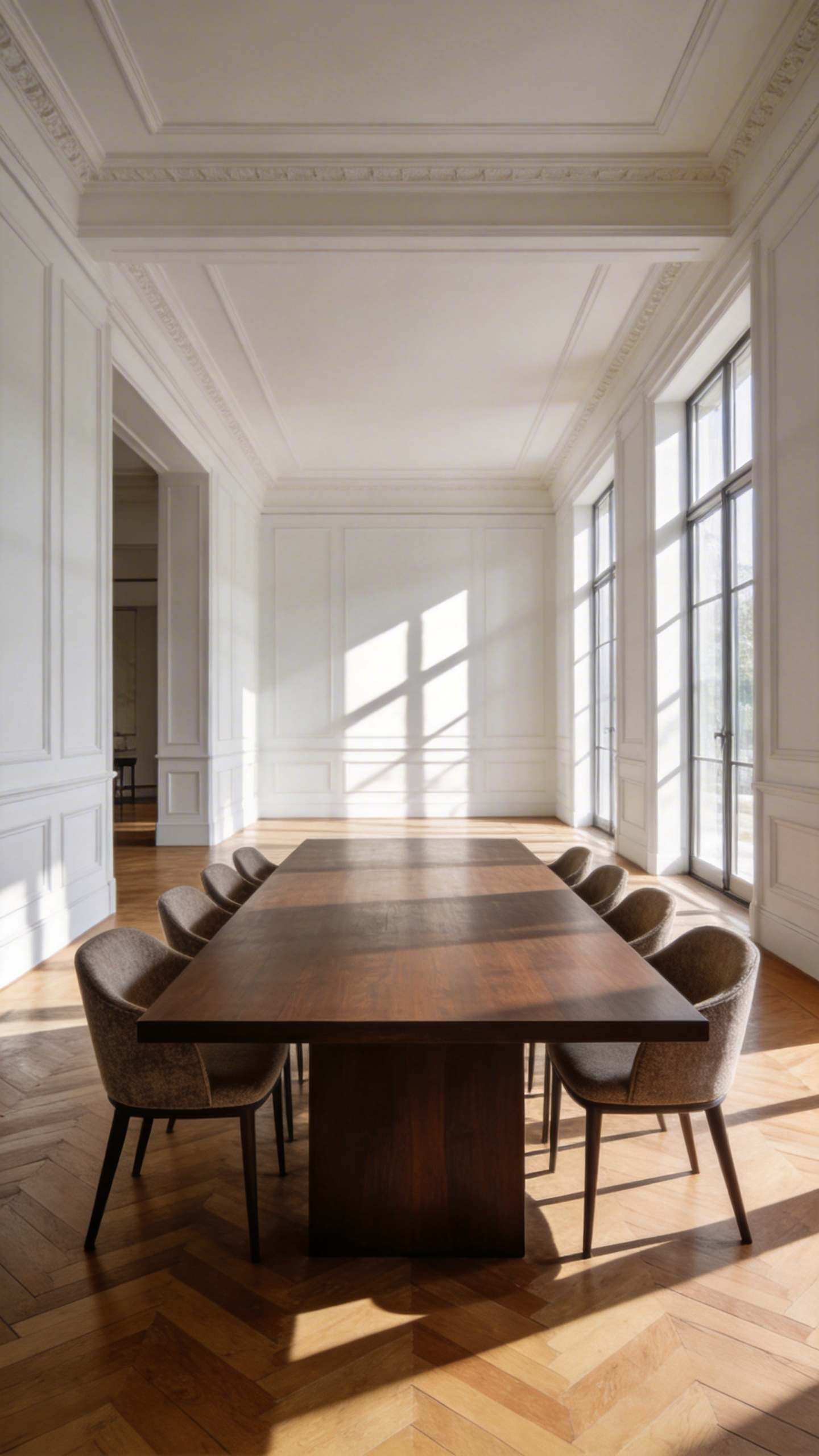 A spacious and elegantly designed dining room with a large wooden table and ample walking space around the perimeter to showcase proper furniture layout.