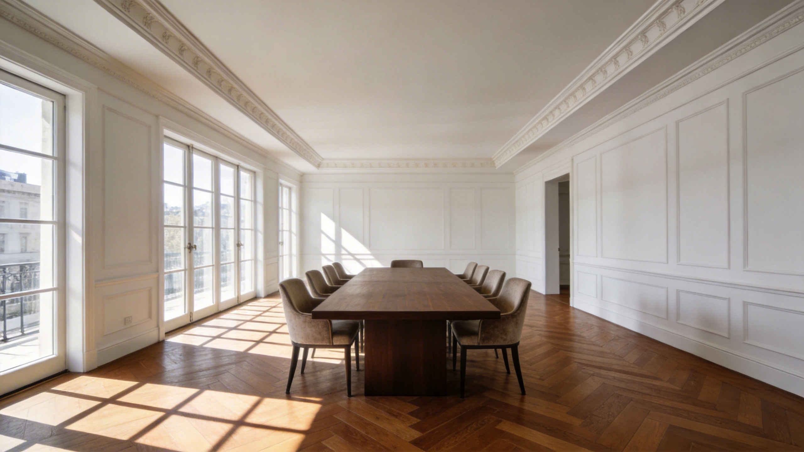 A spacious and elegantly designed dining room with a large wooden table and ample walking space around the perimeter to showcase proper furniture layout.
