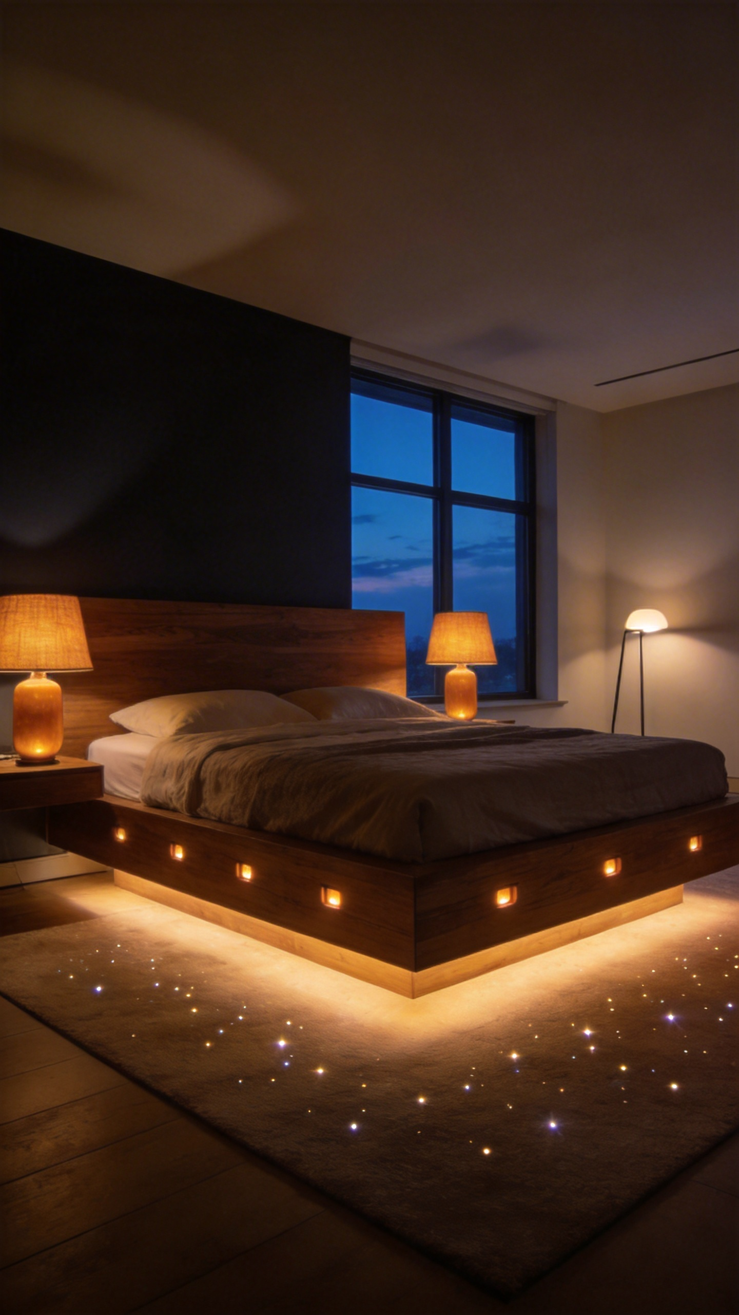 A modern bedroom with warm layered lighting including bedside lamps and floor lamps, creating a cozy and calm atmosphere without overhead lights.