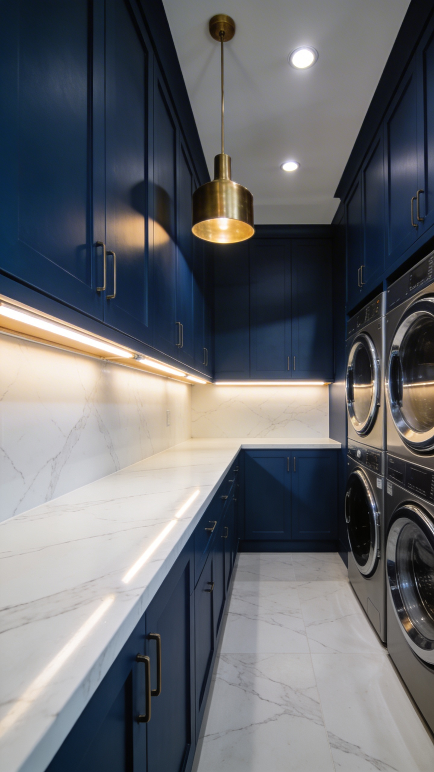A modern laundry room featuring layered lighting with bright under-cabinet LED strips illuminating a marble workspace and soft overhead ambient lights.