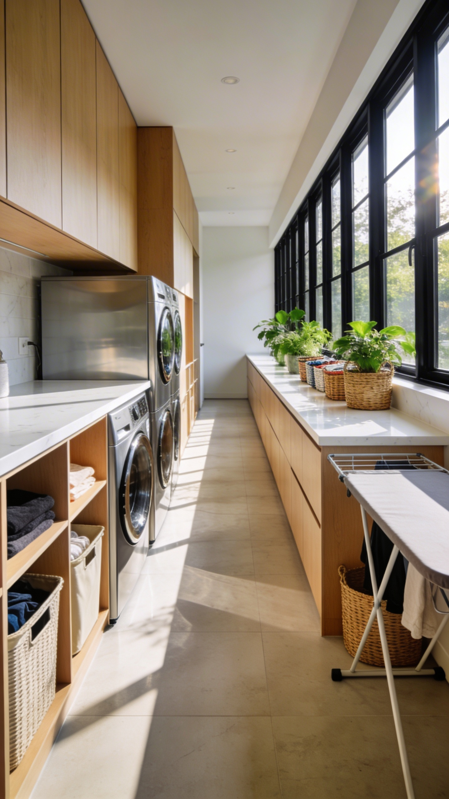 A bright and modern laundry room showcasing an ergonomic linear layout with wooden cabinets and a long folding counter under natural light.