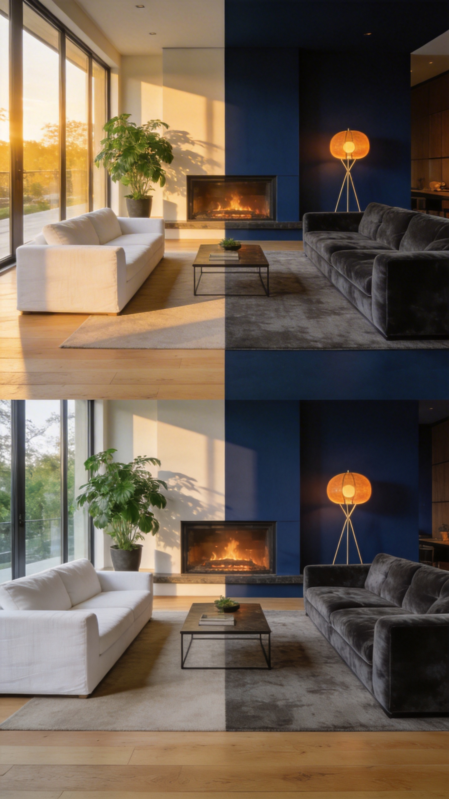 A modern living room layout divided into a bright sunlit morning zone and a dark cozy evening zone with amber lighting.