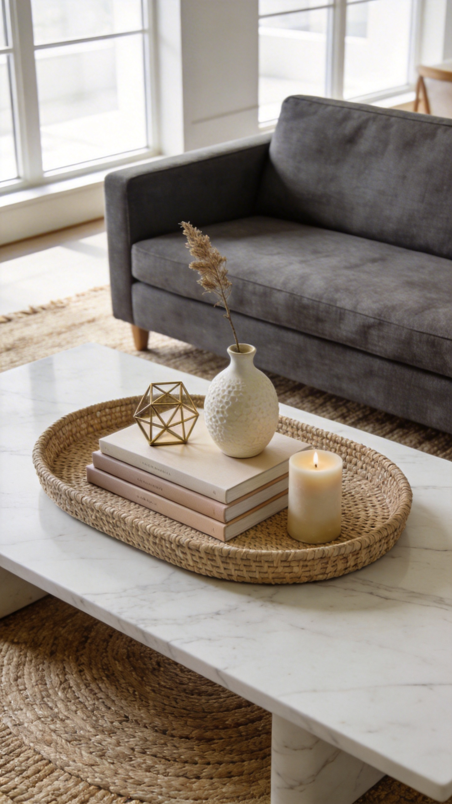 A bright, professional photograph of a contemporary living room showing a large marble coffee table styled with a tray, books, and three objects, demonstrating the 'Rule of Three' concept for interior design.
