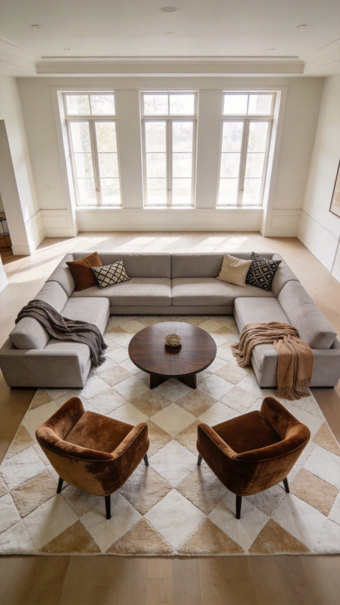 A modern living room demonstrating the floating layout technique, where a large sectional sofa and chairs are pulled away from the walls to form a central, intimate conversation circle around a dark wood coffee table.