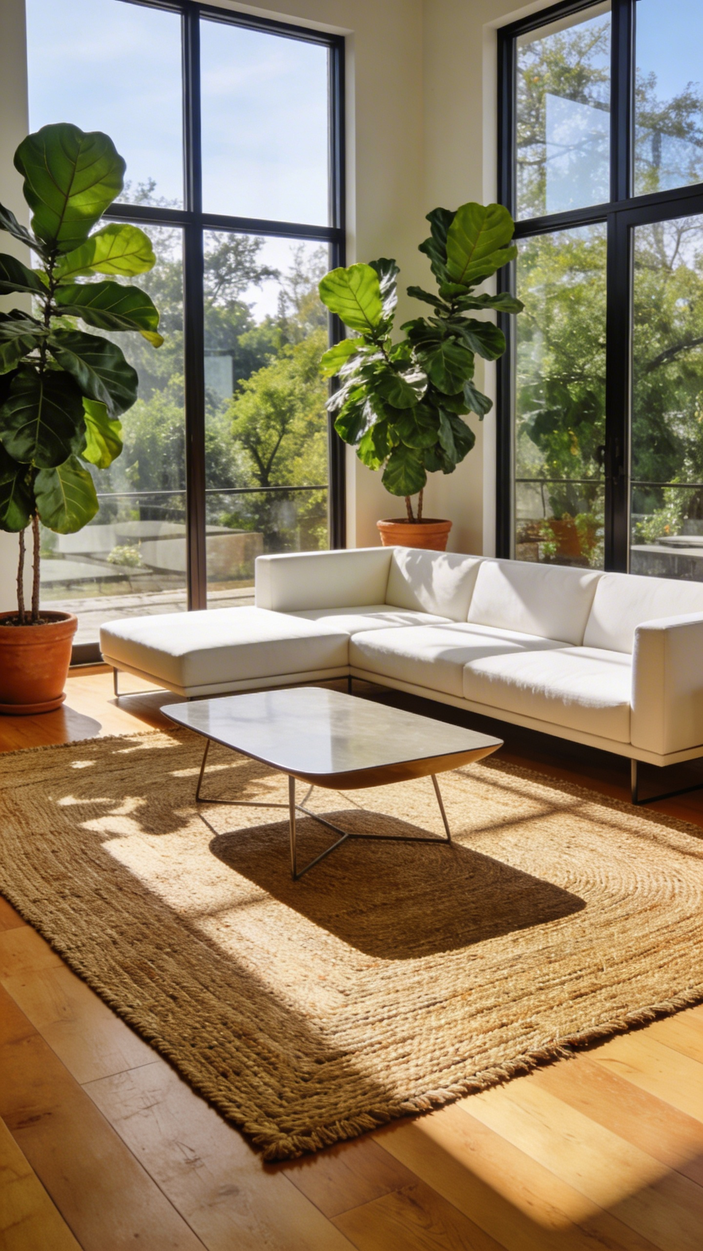 A wide living room scene featuring a textured honey-colored braided jute rug on light wood floors under bright natural light.