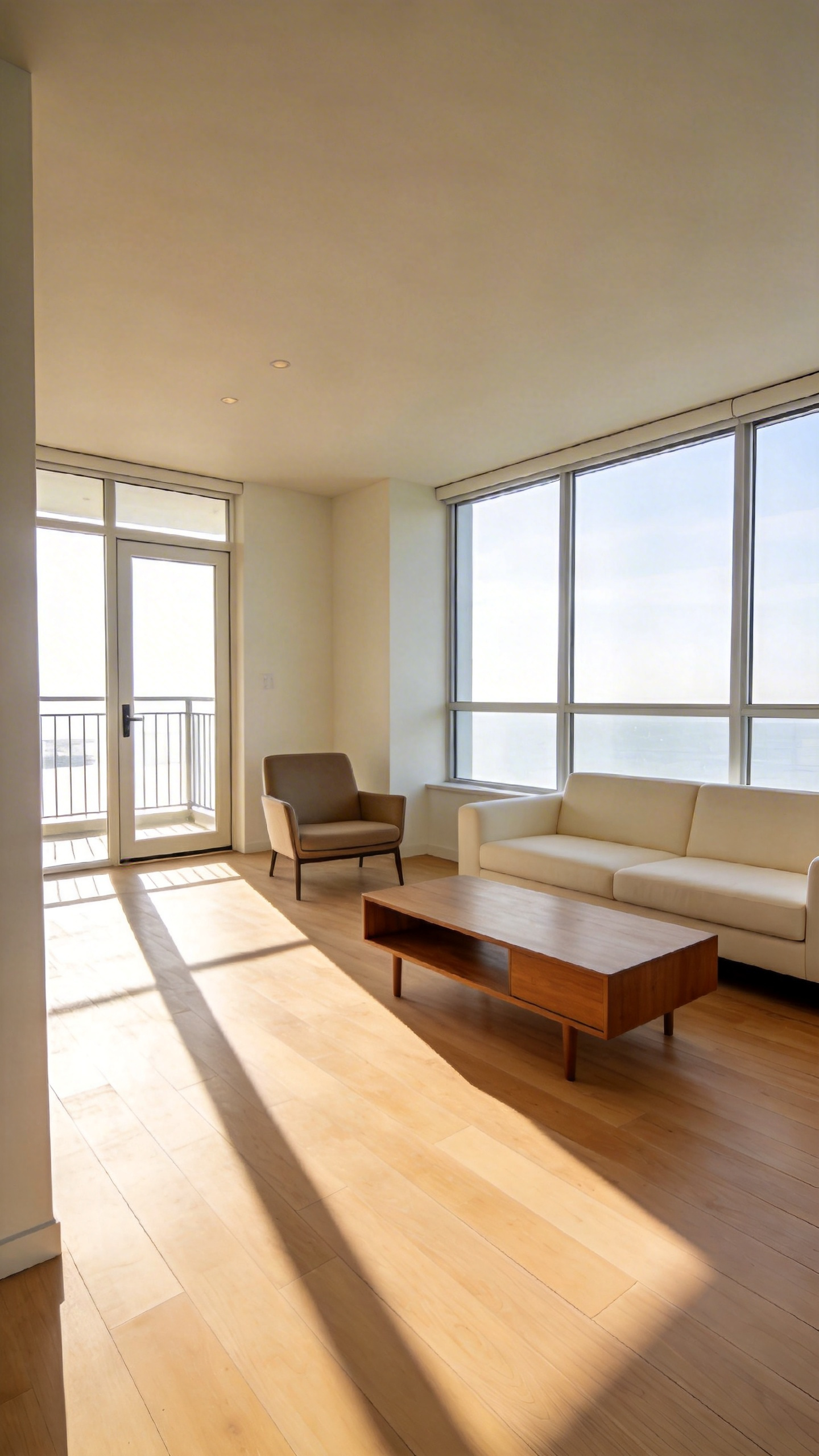 A bright and airy modern living room showing a spacious layout with a 36-inch wide walking path between the sofa and coffee table to illustrate the clearance rule.