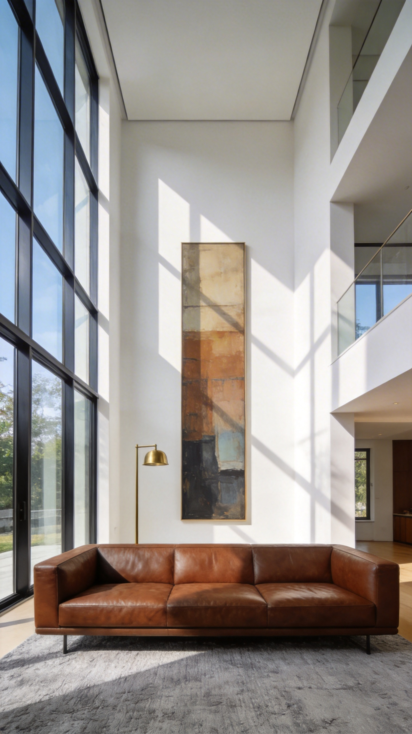 A spacious living room layout showing a heavy leather sofa balanced by high ceilings and tall windows to achieve vertical equilibrium and mental clarity.
