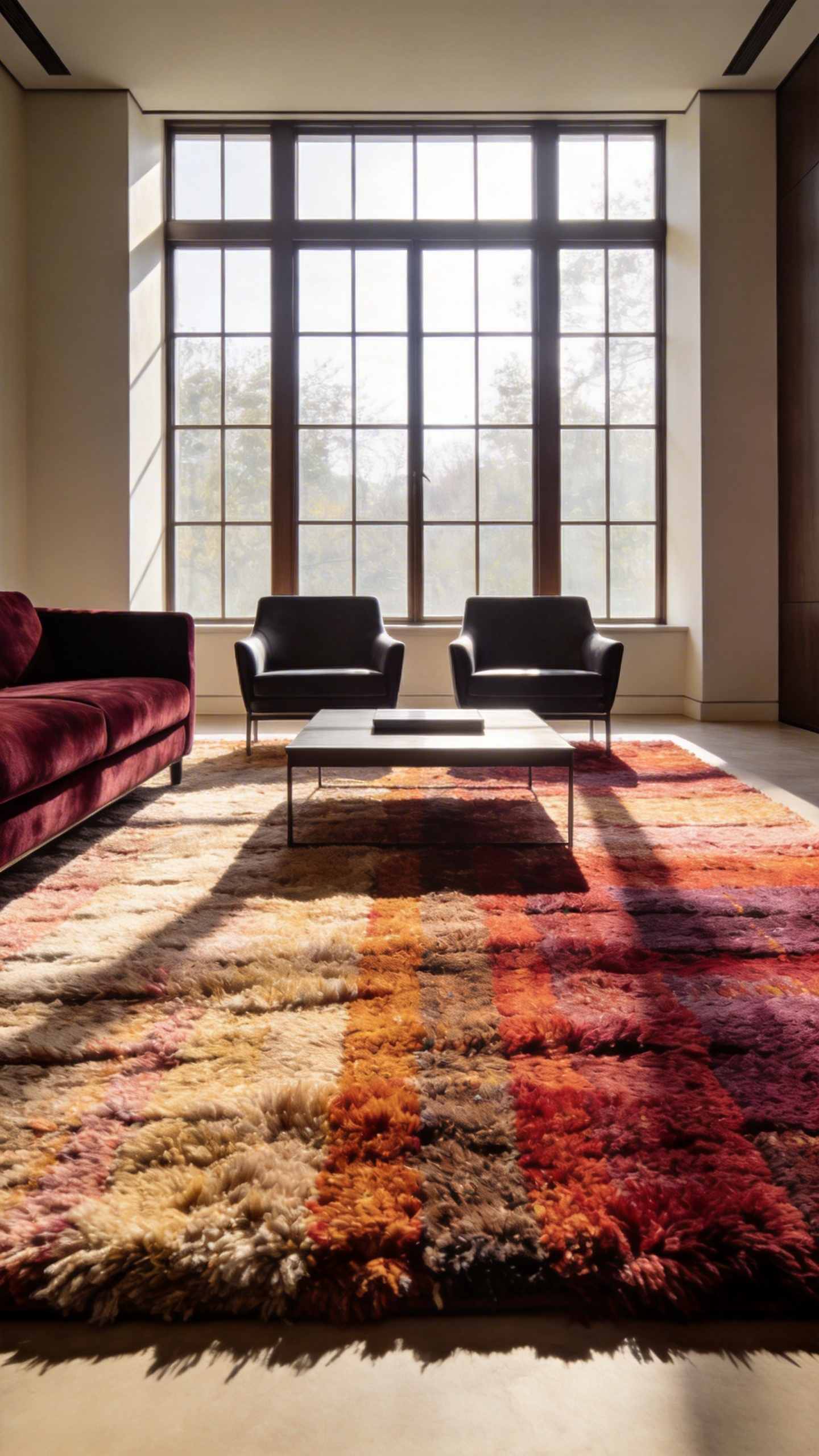 A wide-angle view of a modern living room featuring a large area rug that anchors the furniture and creates a cohesive architectural foundation.