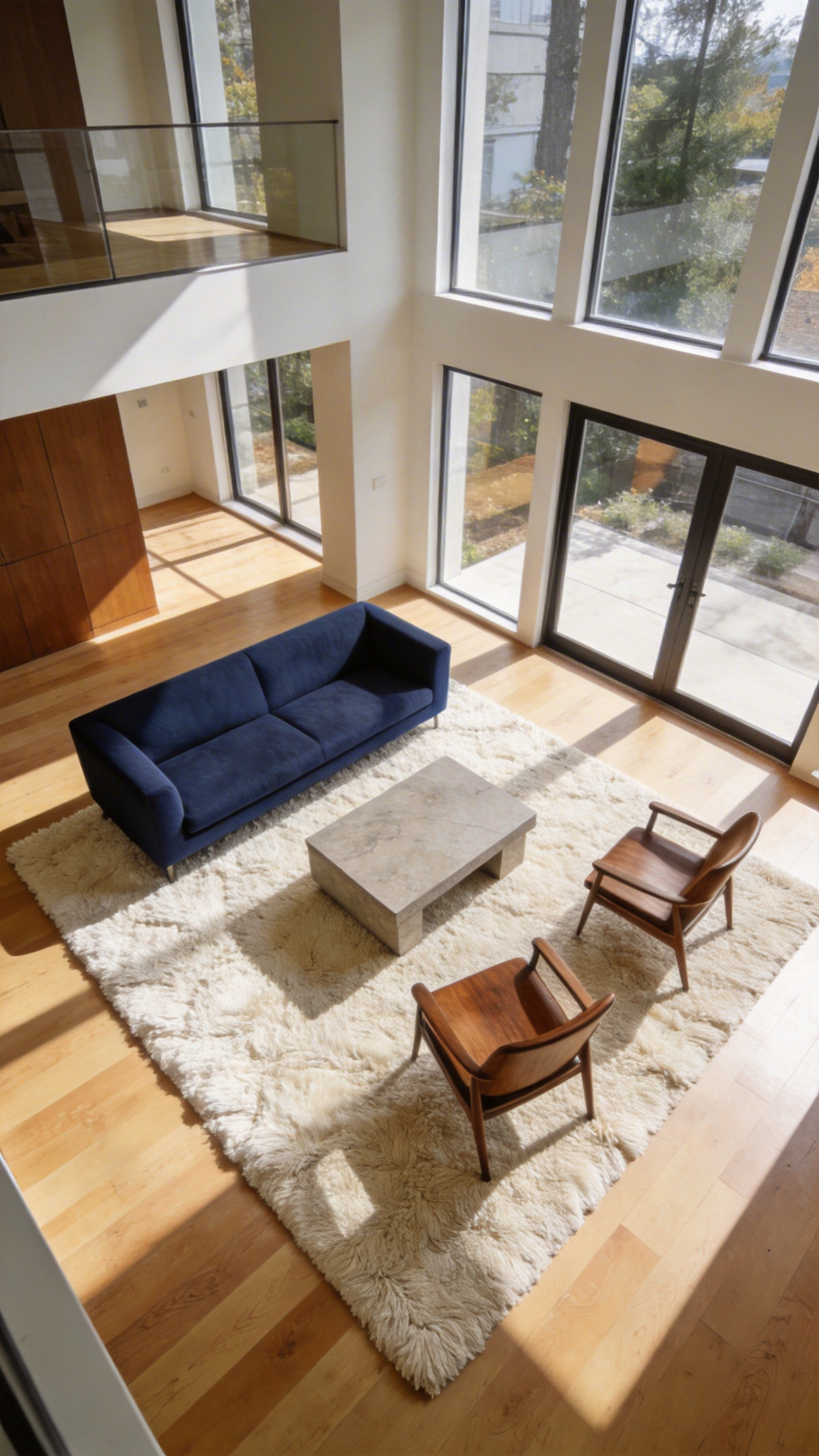 A large cream area rug anchoring a navy sofa and wooden chairs in a modern living room with hardwood floors and bright natural light.