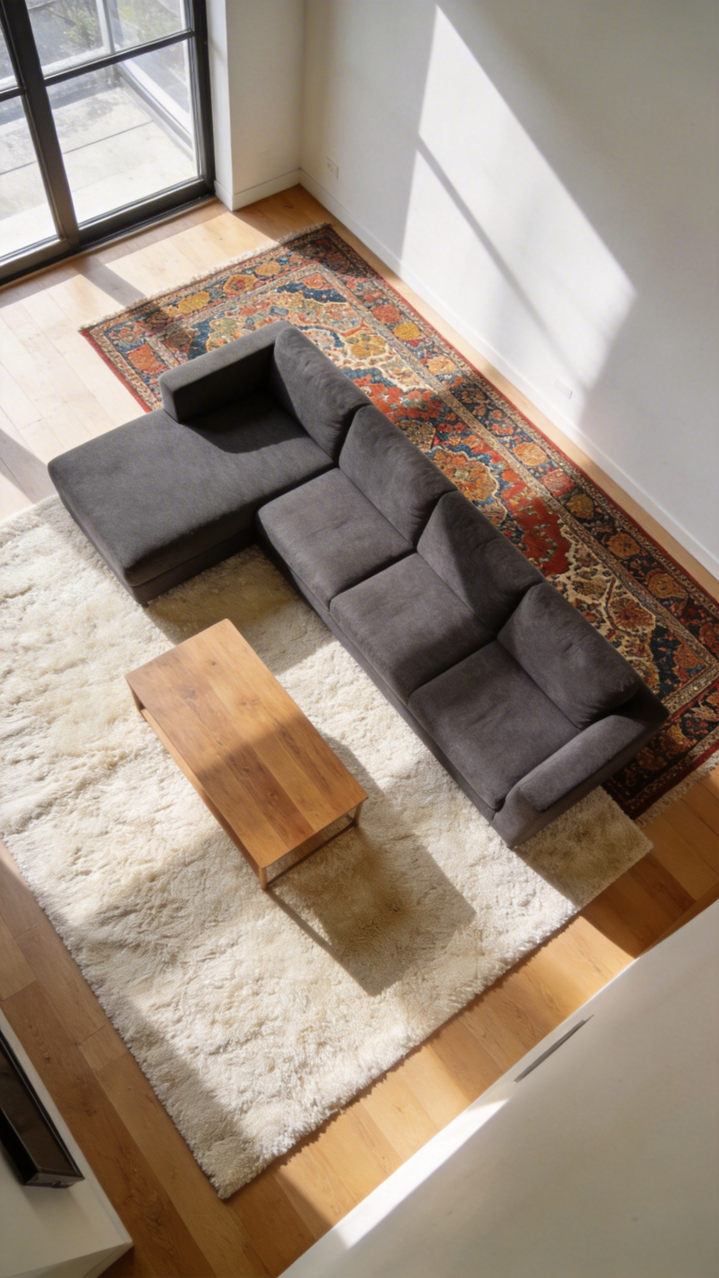 A bright living room featuring a patterned vintage rug layered at a diagonal angle over a larger neutral rug to create movement.