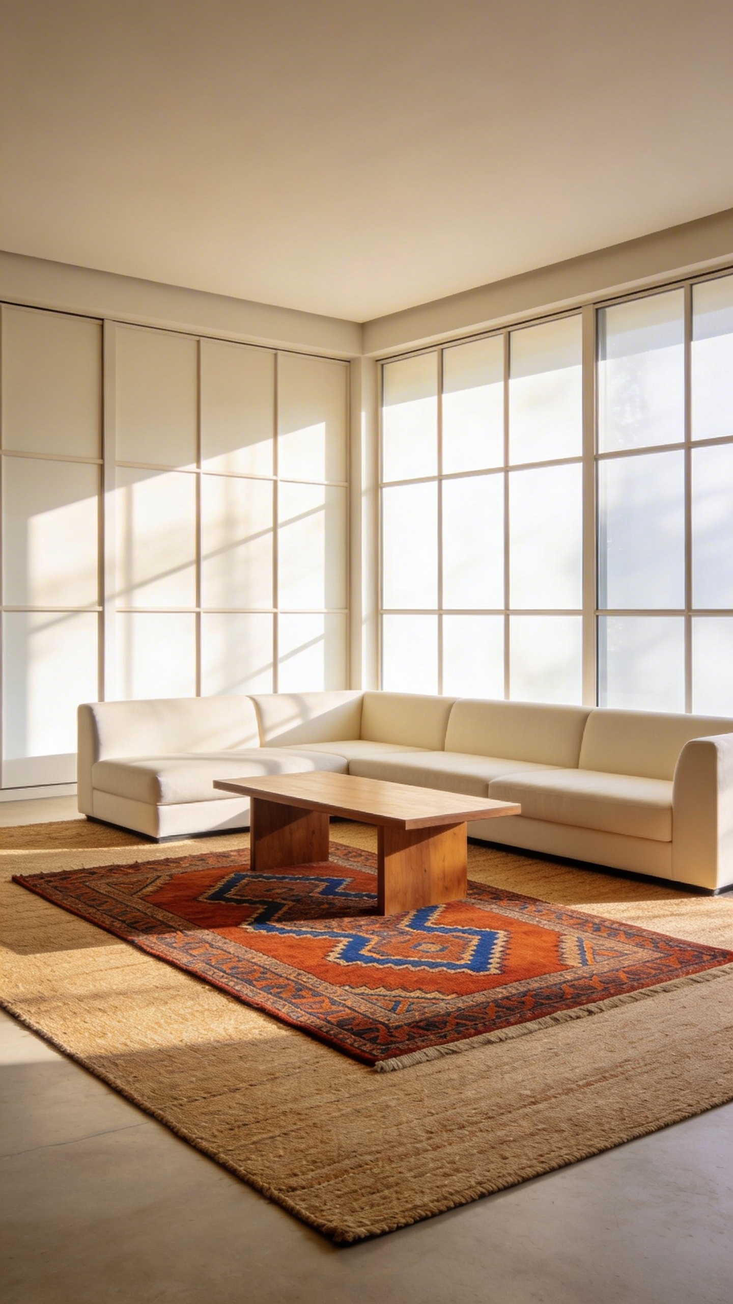 A bright open-plan living room showcasing layered rugs with a large sisal base and a smaller patterned rug under modern furniture.