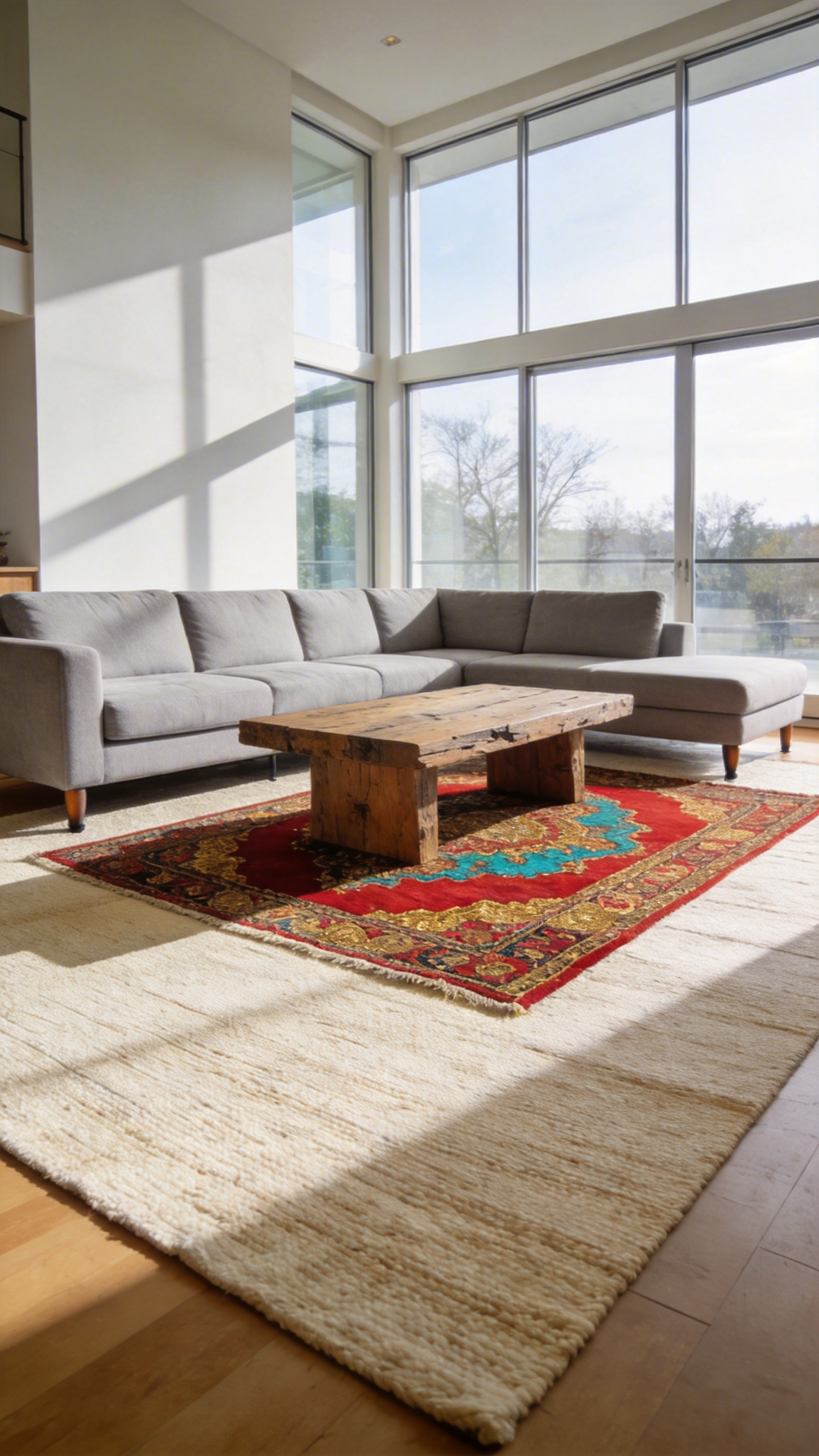 A bright living room showcasing a smaller colorful vintage rug layered on top of a large neutral rug to create a focal point.