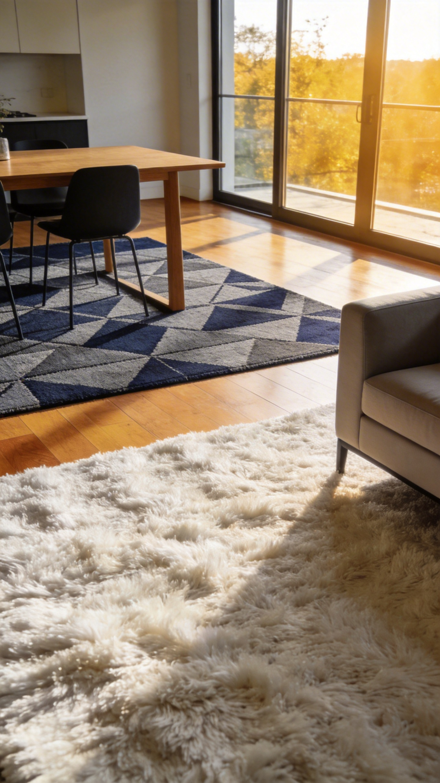 A sunlit open-plan interior using a plush white rug for the living area and a patterned flatweave rug for the dining area to create distinct zones.