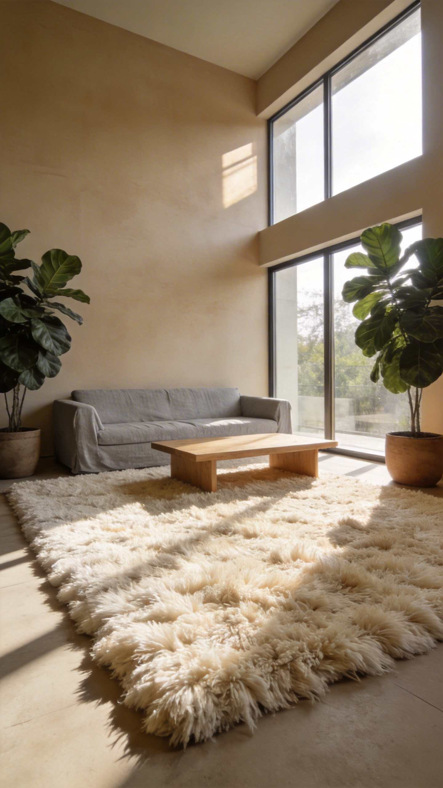 A plush high-pile cream rug in a modern sunlit living room with minimalist furniture and green plants.
