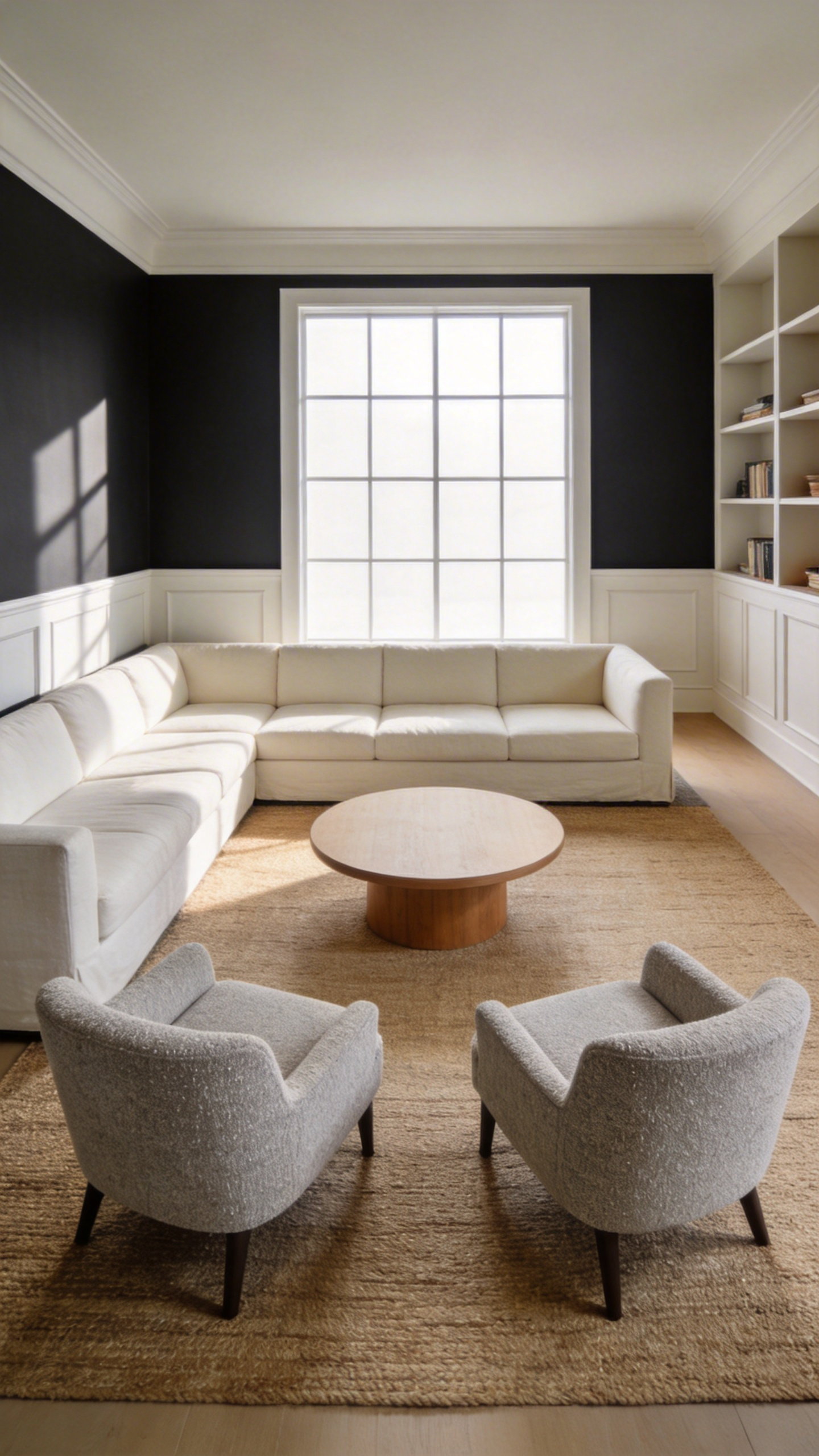 A modern transitional living room layout demonstrating the Proximity Principle with seating pulled off the walls and arranged in a conversational grouping.