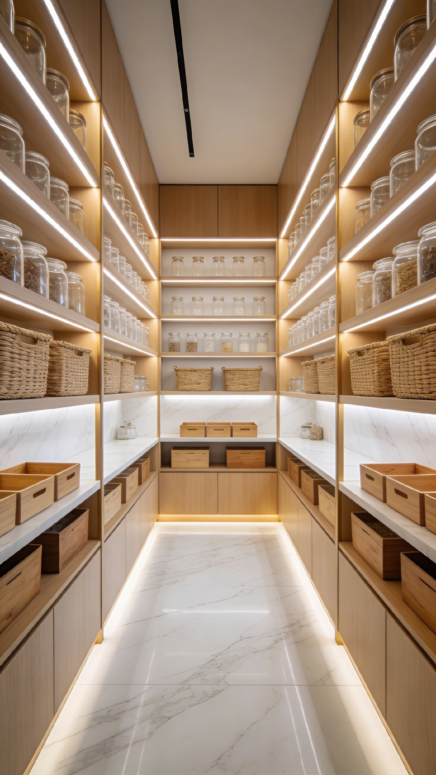 A bright and organized modern walk-in pantry with integrated LED shelf lighting illuminating neatly arranged storage containers to reduce visual strain.