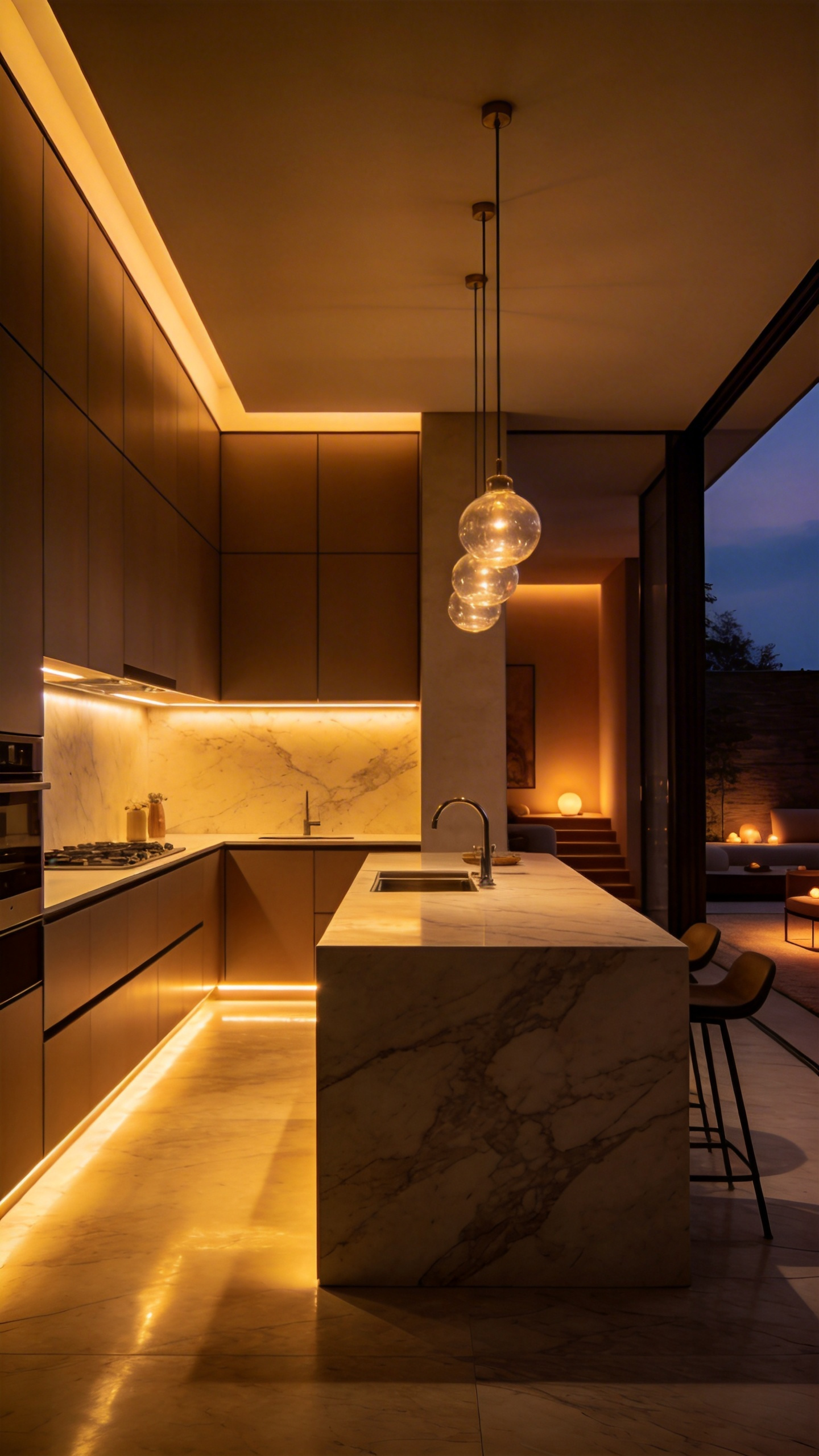A modern open-plan kitchen illuminated by warm amber lighting and golden-hued pendant lamps to create a relaxing evening atmosphere.