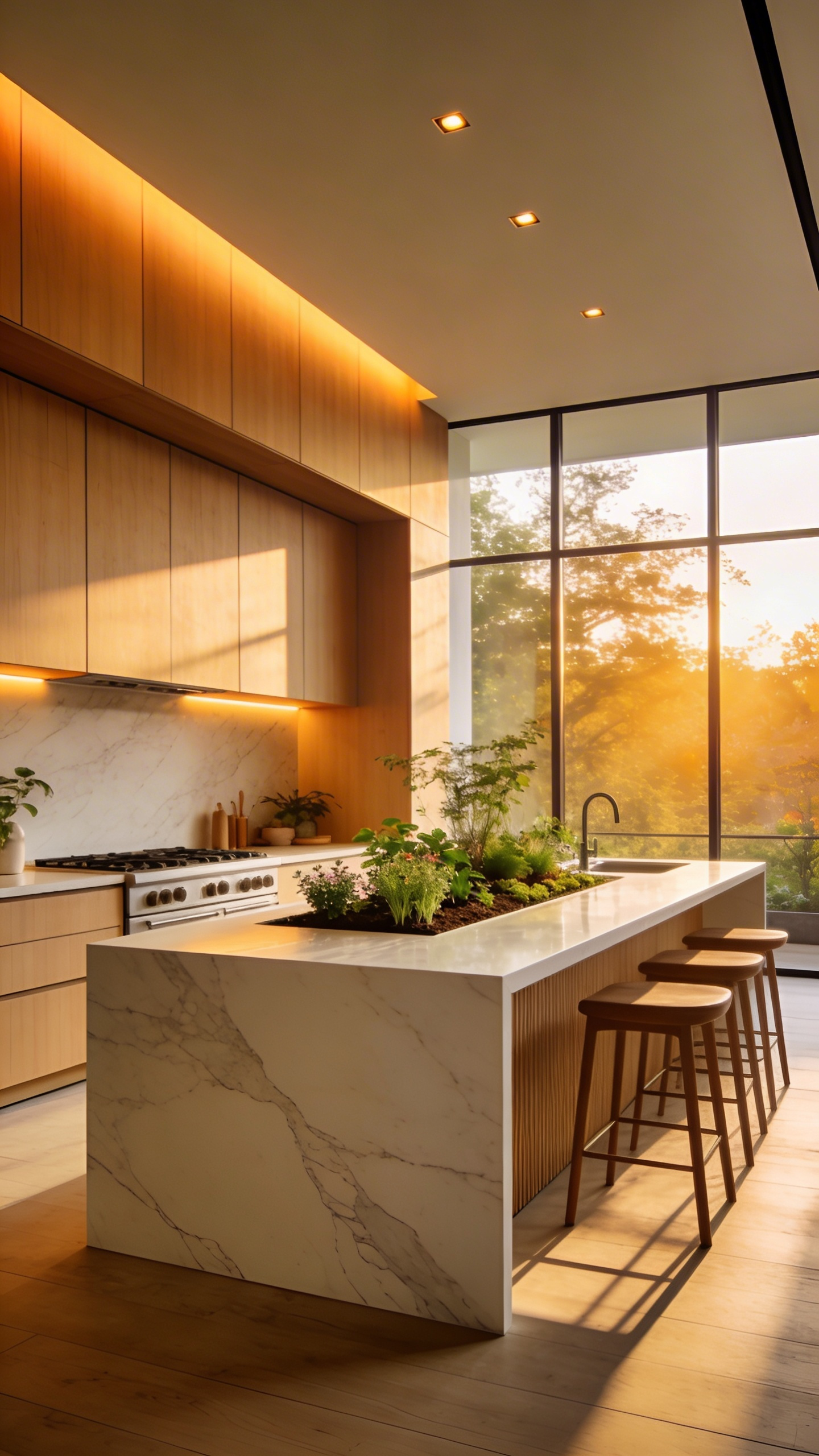 A bright modern kitchen featuring large windows and warm integrated LED lighting designed to support circadian rhythms and biophilic wellness.