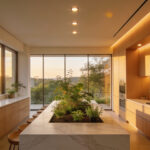 A bright modern kitchen featuring large windows and warm integrated LED lighting designed to support circadian rhythms and biophilic wellness.