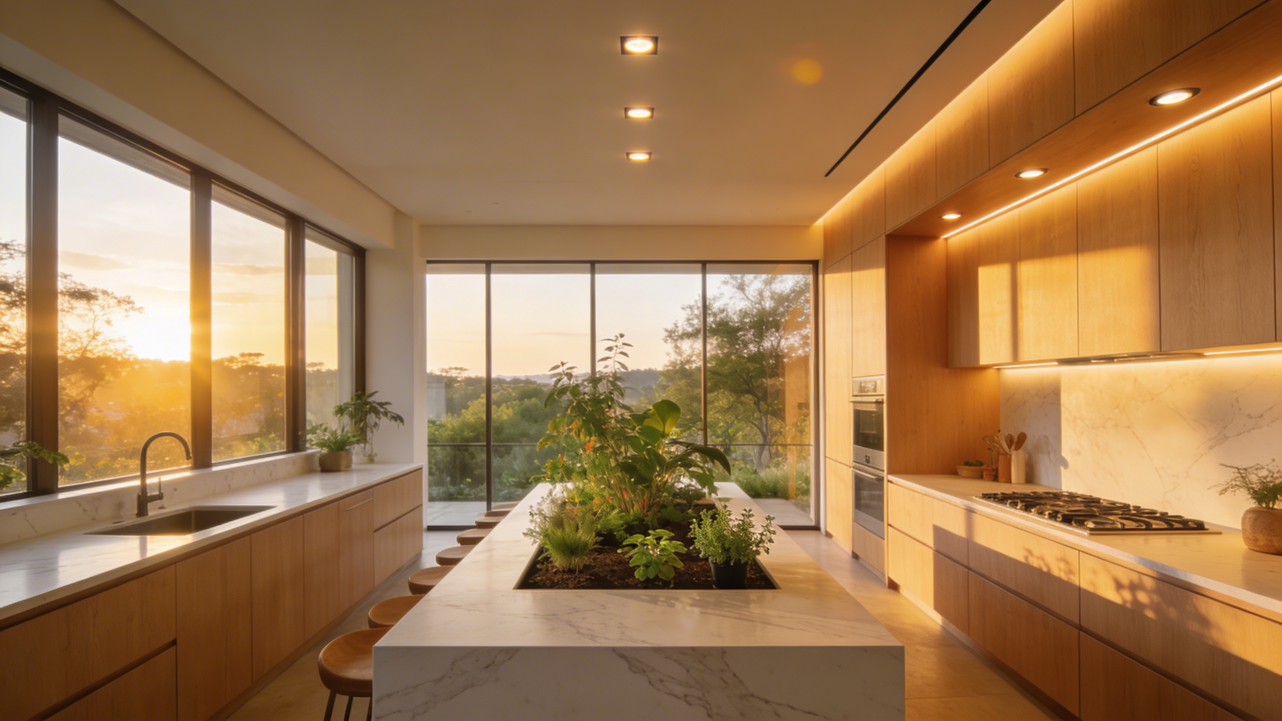 A bright modern kitchen featuring large windows and warm integrated LED lighting designed to support circadian rhythms and biophilic wellness.