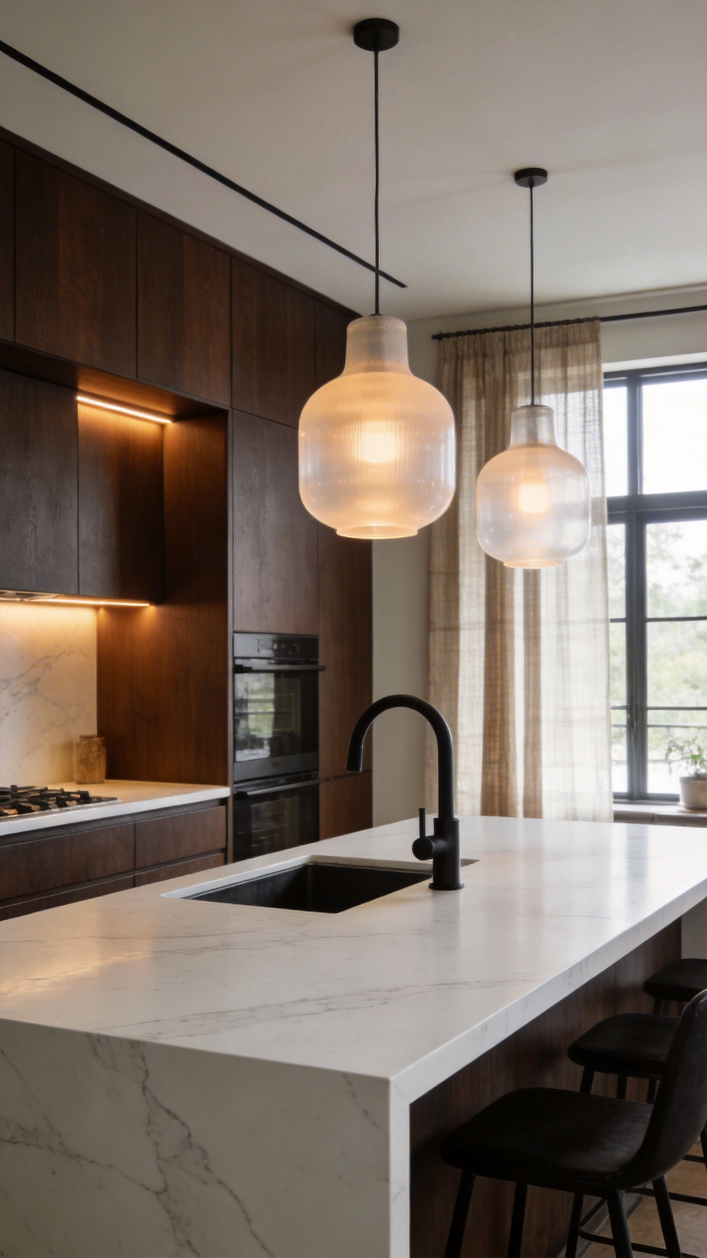 A luxury modern kitchen featuring soft diffused lighting and marble surfaces to create a stress-reducing environment.