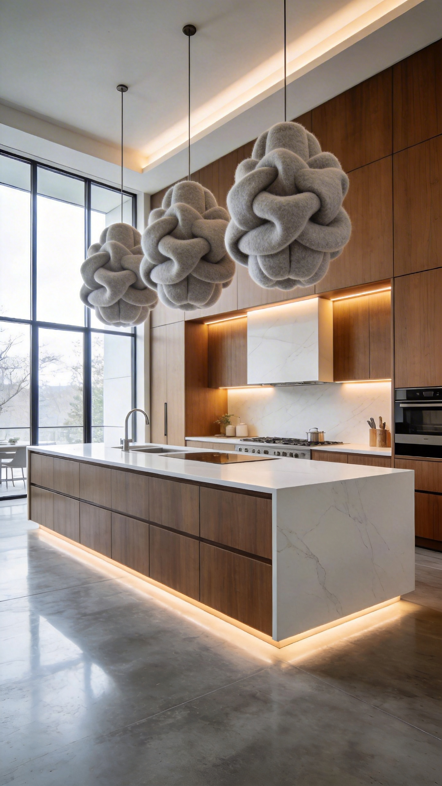 A modern open-plan kitchen featuring large sculptural acoustic pendant lights hanging over a quartz island with polished concrete floors.