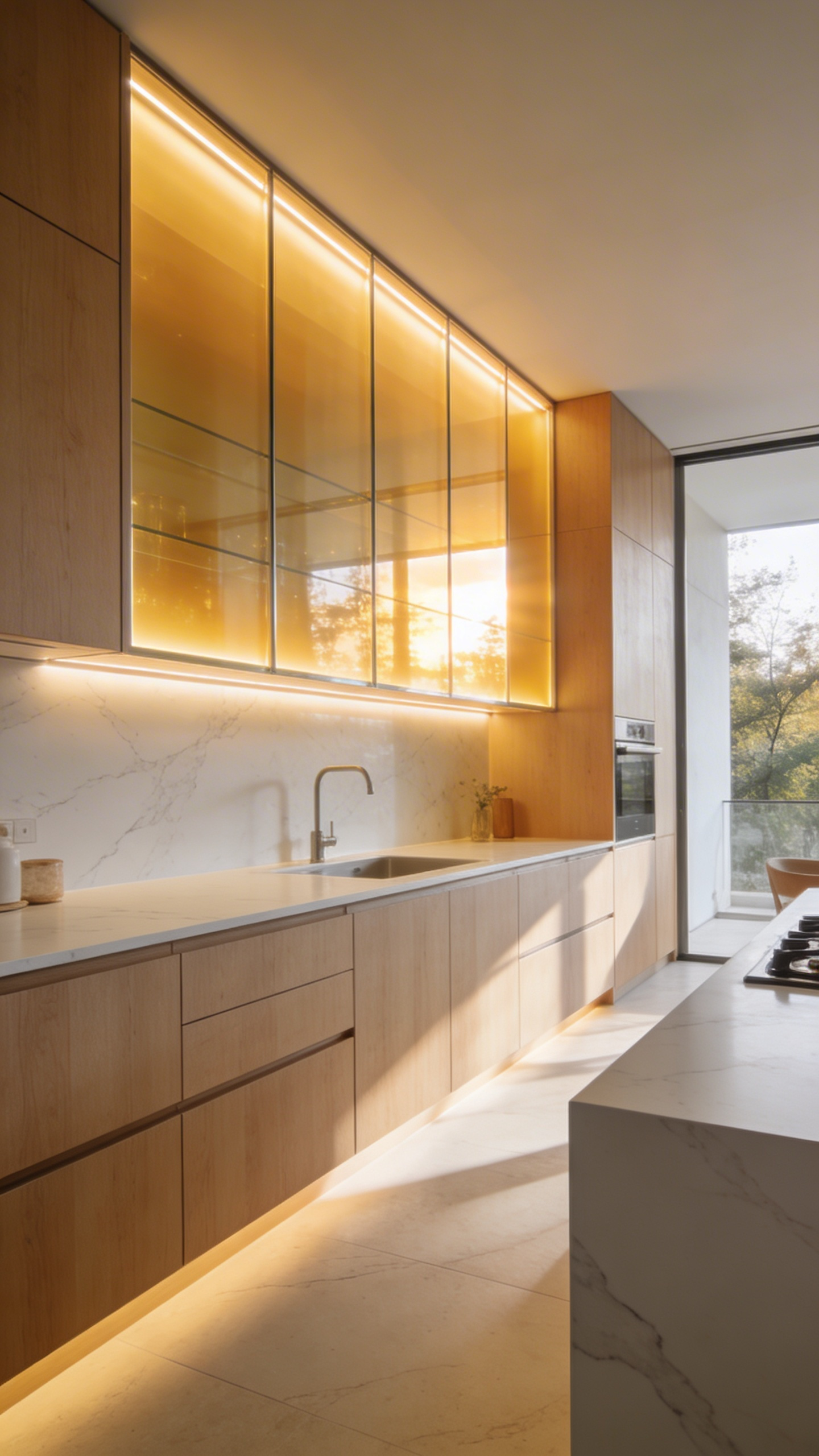 A modern kitchen featuring a glowing illuminated backsplash designed for circadian rhythm lighting with marble countertops and minimalist cabinetry.