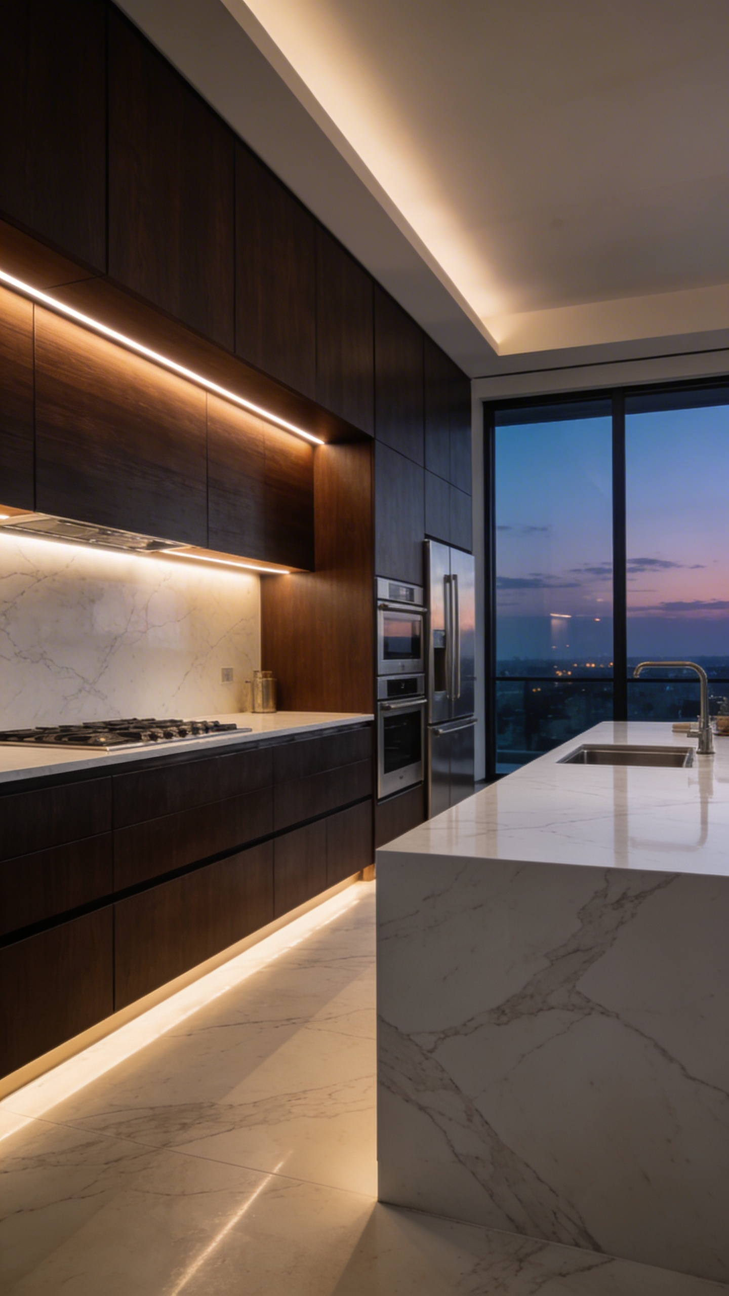 A modern kitchen with invisible under-cabinet LED lighting creating a seamless wash of light on white marble countertops.