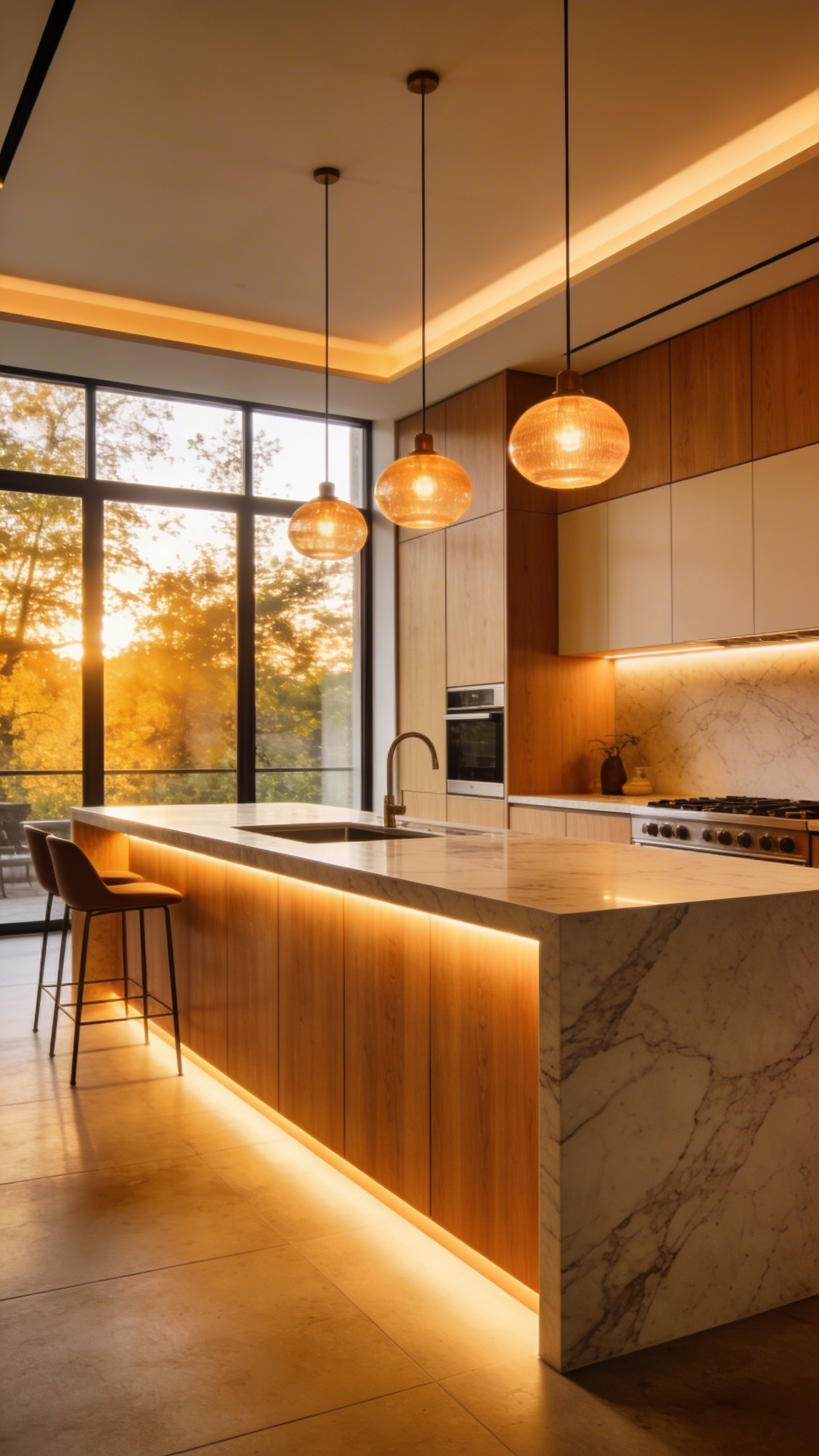 Modern kitchen interior featuring layered human-centric lighting and natural materials to create a relaxing social sanctuary.