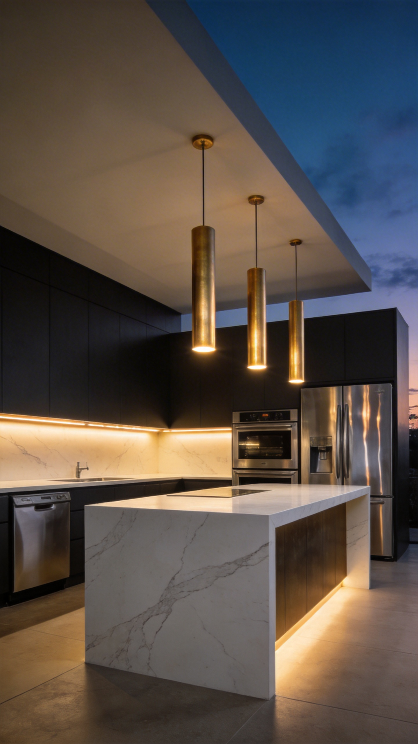 A luxury modern kitchen island with white quartz countertops and warm brass pendant lighting designed for social gatherings.