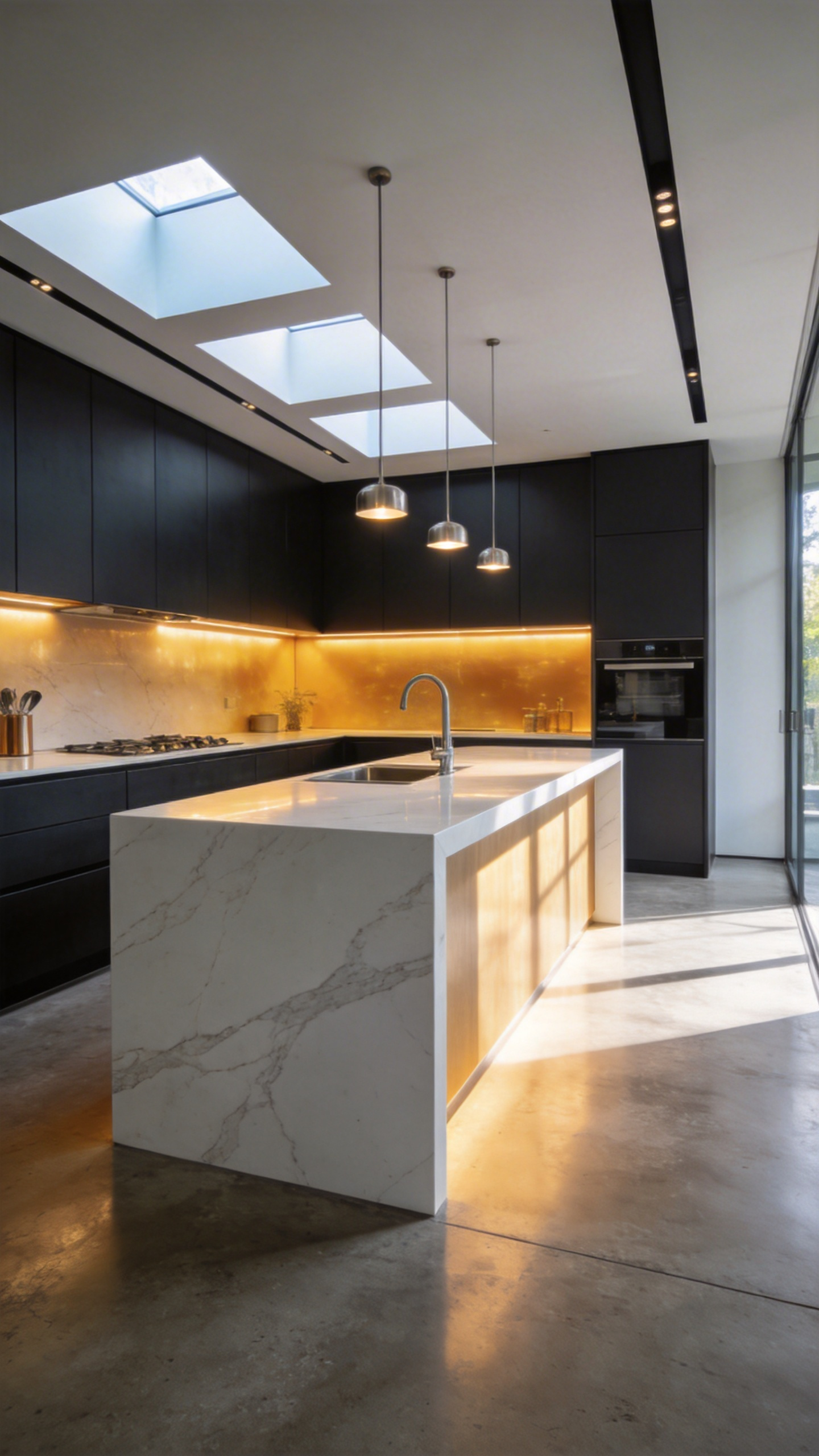 A modern kitchen featuring smart lighting systems that transition from warm amber to cool white light to mimic natural daylight rhythms.