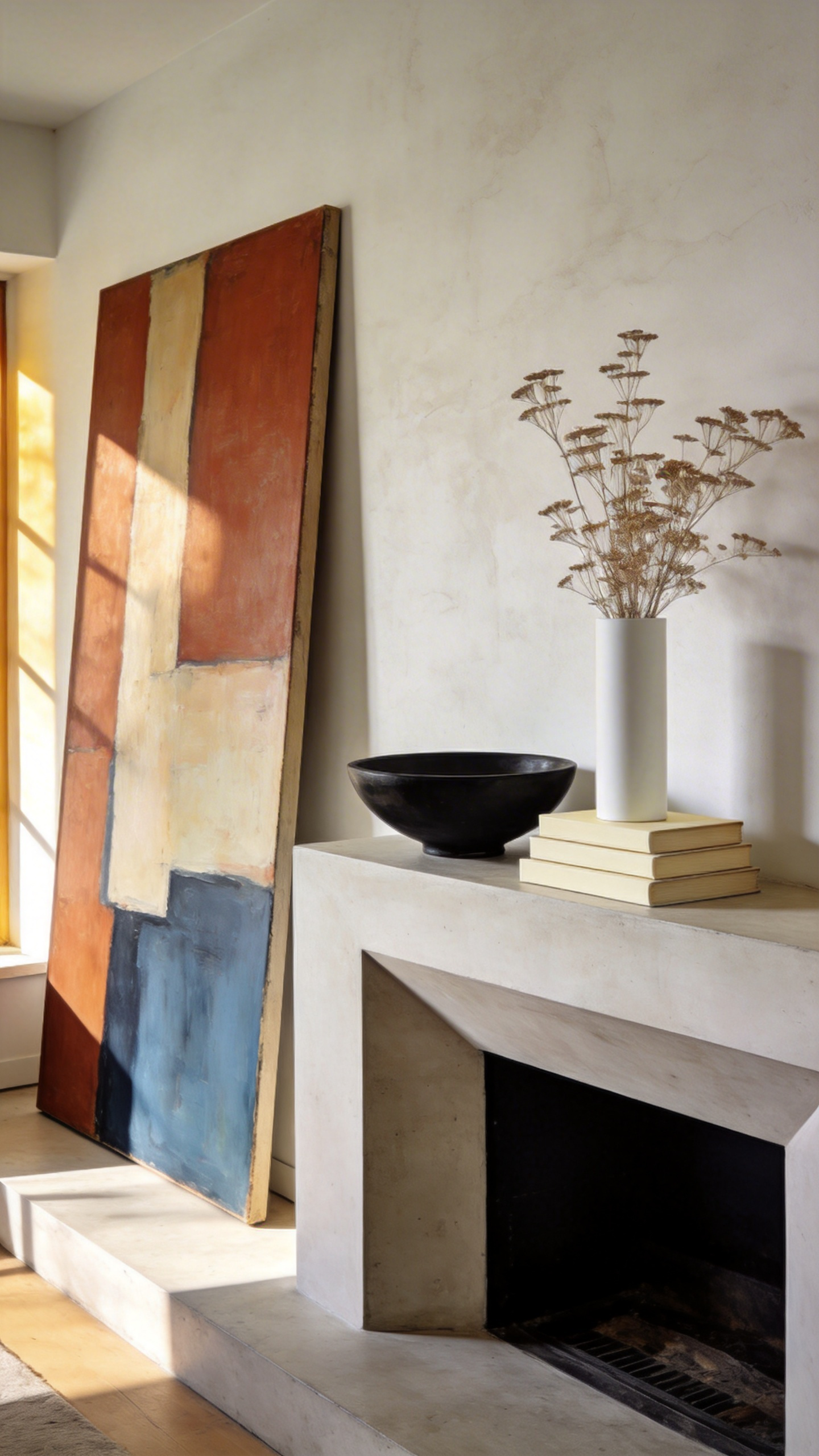 A modern, minimalist white fireplace mantle styled highly asymmetrically with abstract art, varied ceramic vases, and books, illustrating a relaxed, curated living room aesthetic.