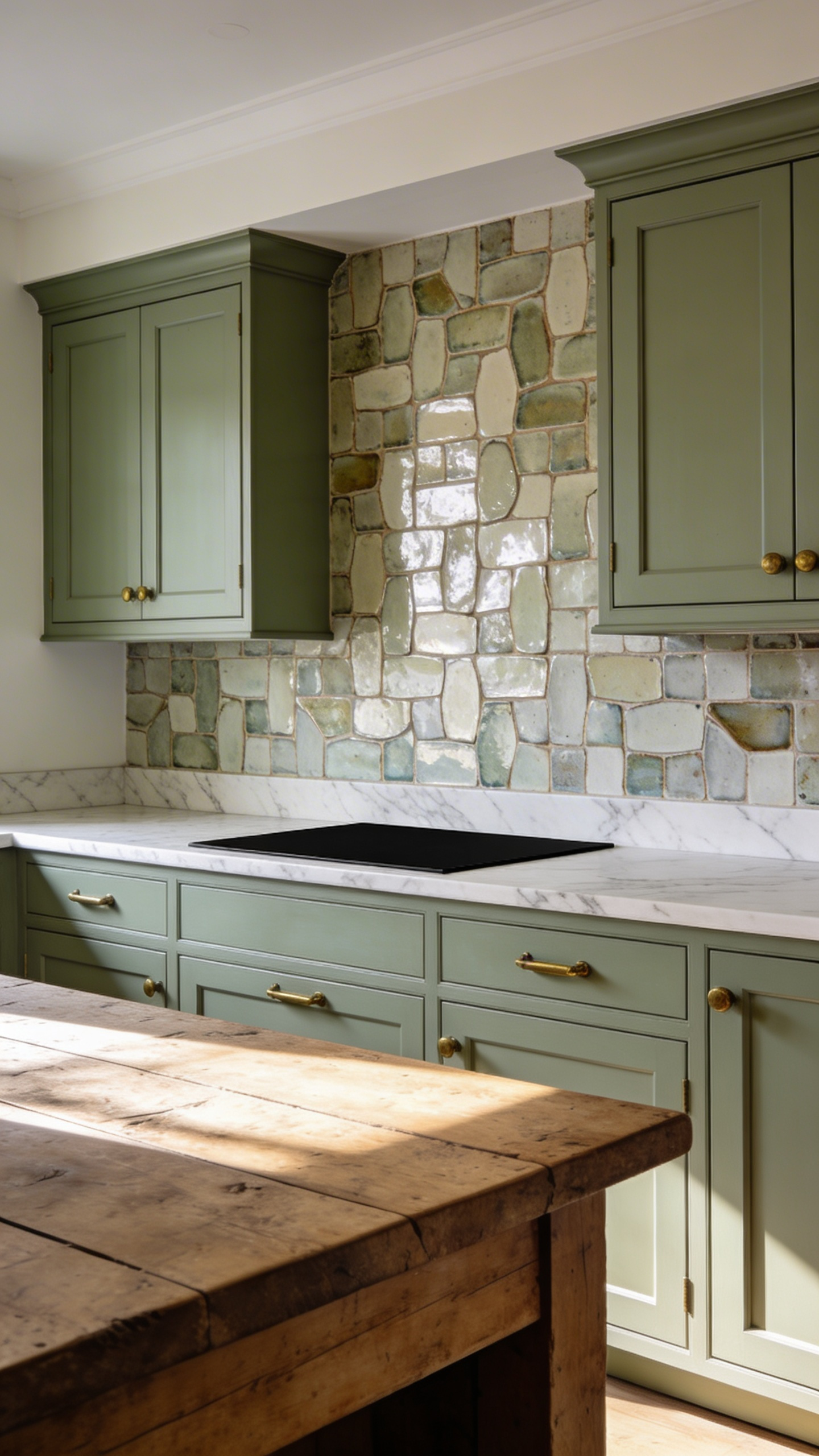 A full-view kitchen featuring a textured handmade tile backsplash paired with a modern induction cooktop and sage green cabinets.