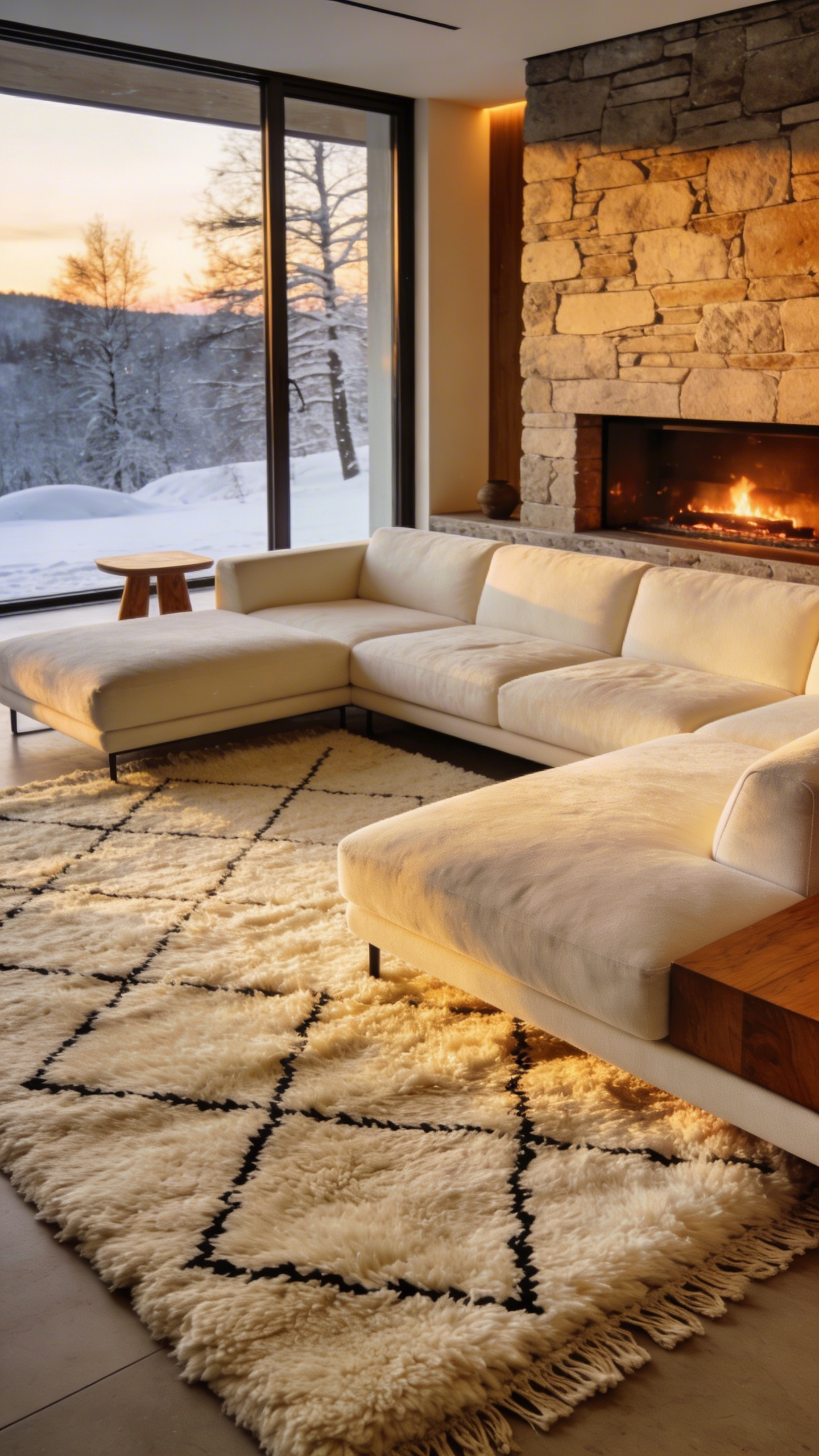 A plush cream-colored Moroccan Beni Ourain shag rug in a modern living room with a fireplace and snowy window view.