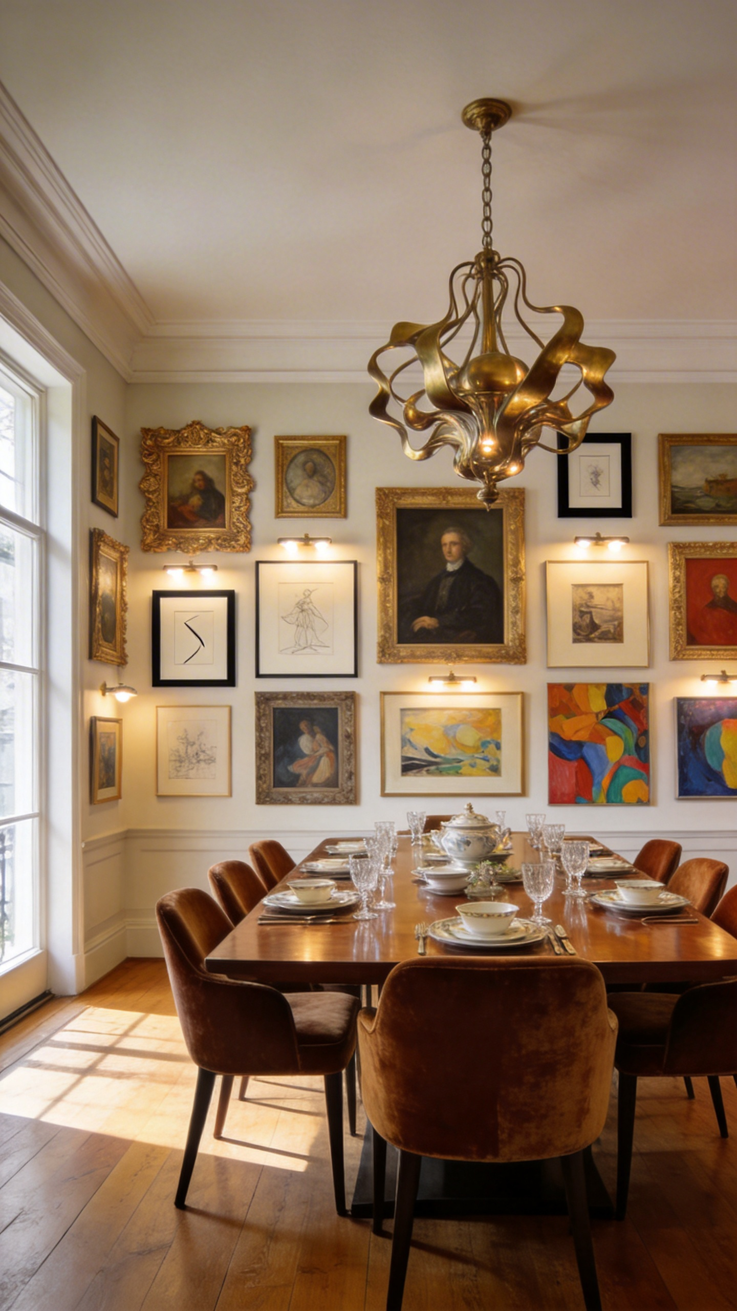A vibrant dining room interior showing an eclectic narrative gallery wall behind a fully set wooden dining table.