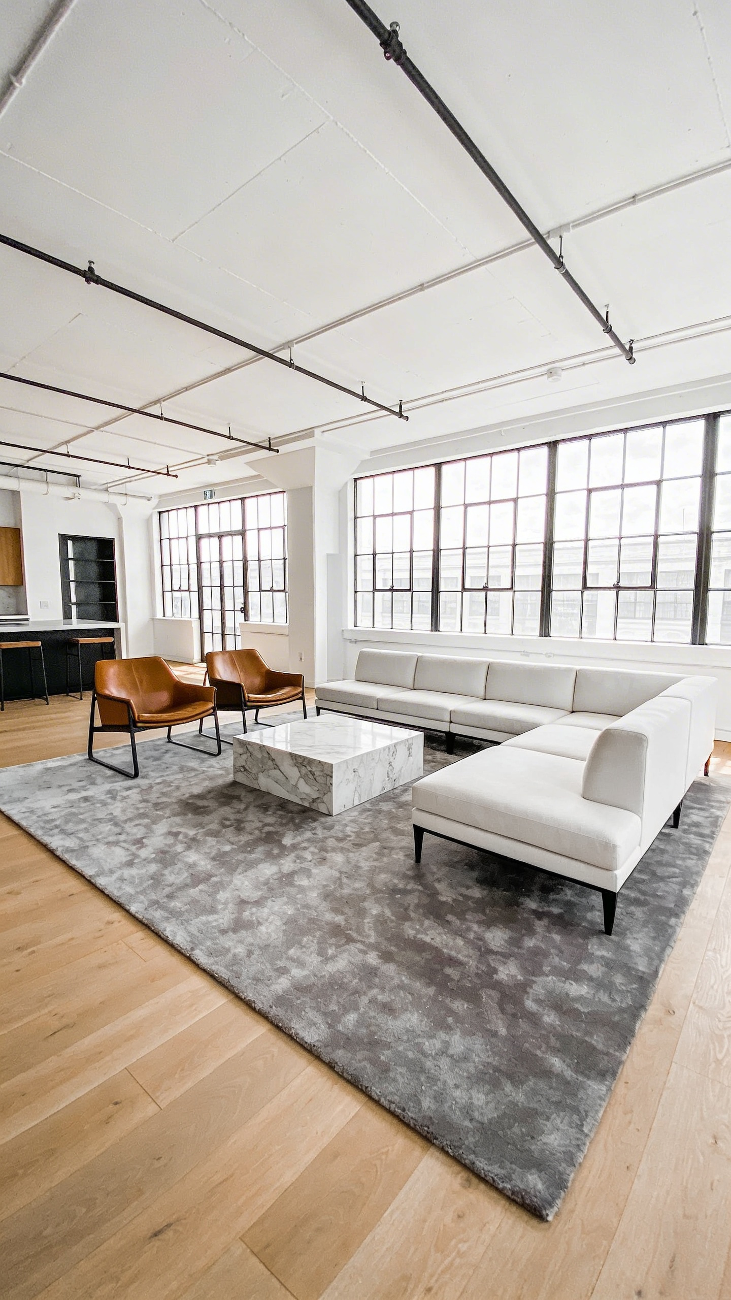 A modern open-concept living room featuring a large grey area rug that defines a seating zone with all furniture legs placed on the rug.