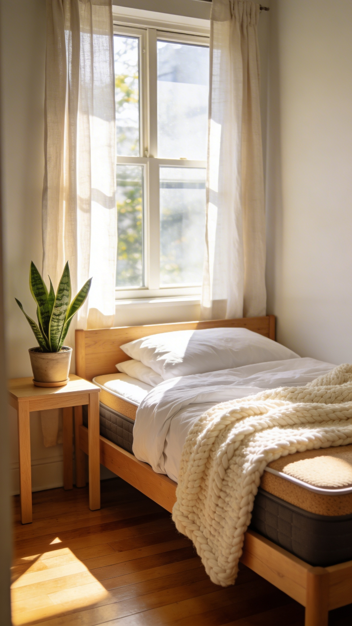 A bright small bedroom with an organic wool and latex mattress on a wooden frame near a sunny window.