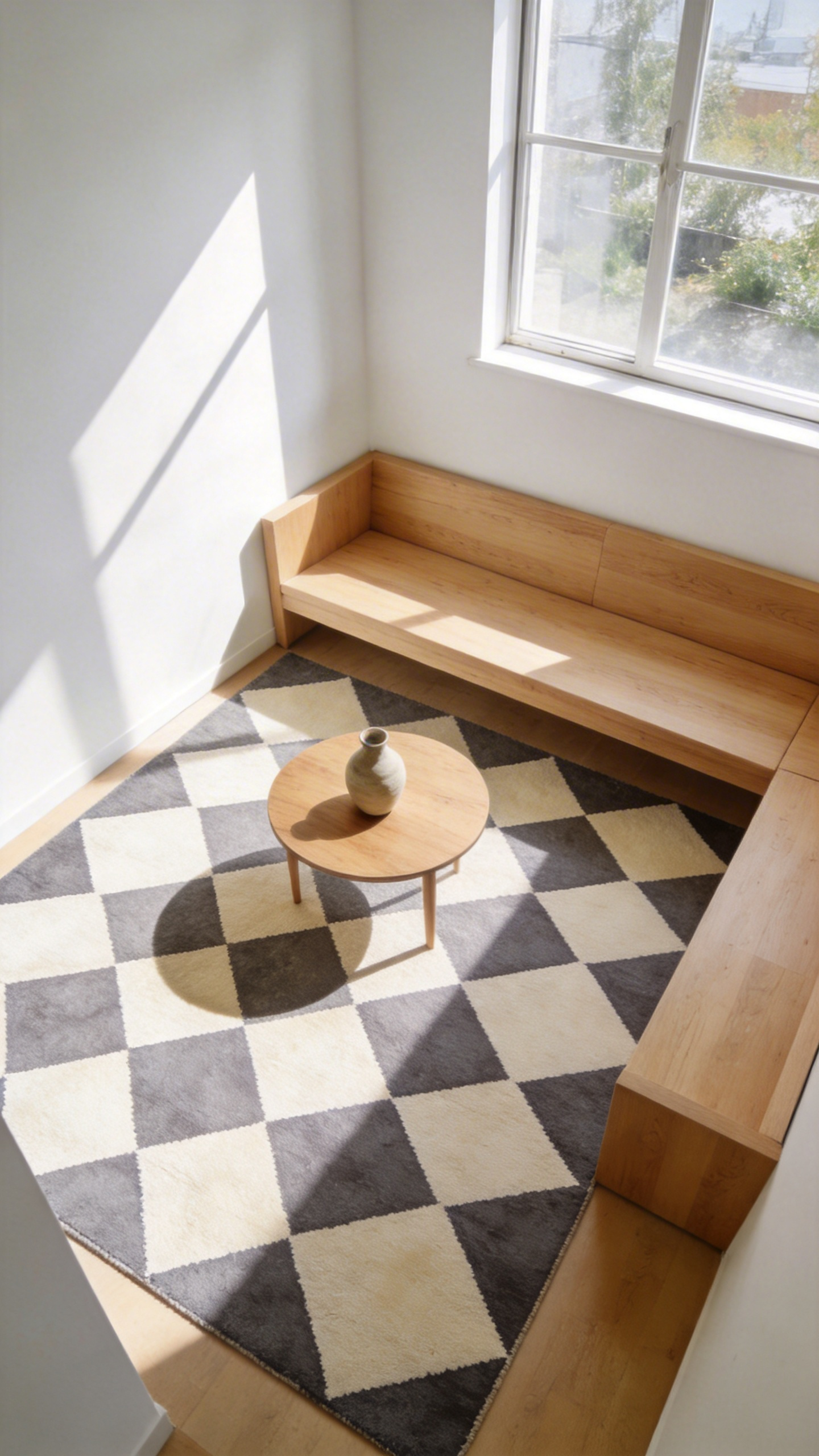 A small modern living room styled with a large-scale oversized geometric rug to create an illusion of more floor space.