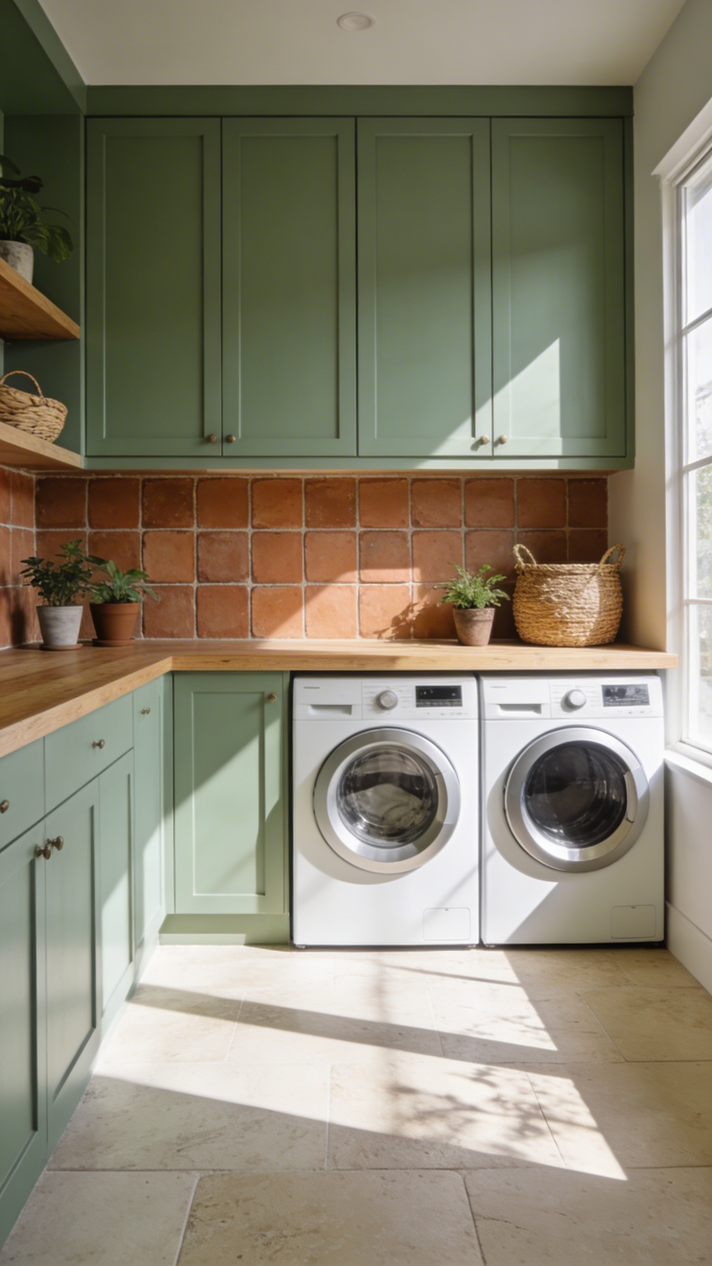 A serene laundry room with soft sage green cabinets, clay tile accents, and natural wood countertops illuminated by soft daylight.