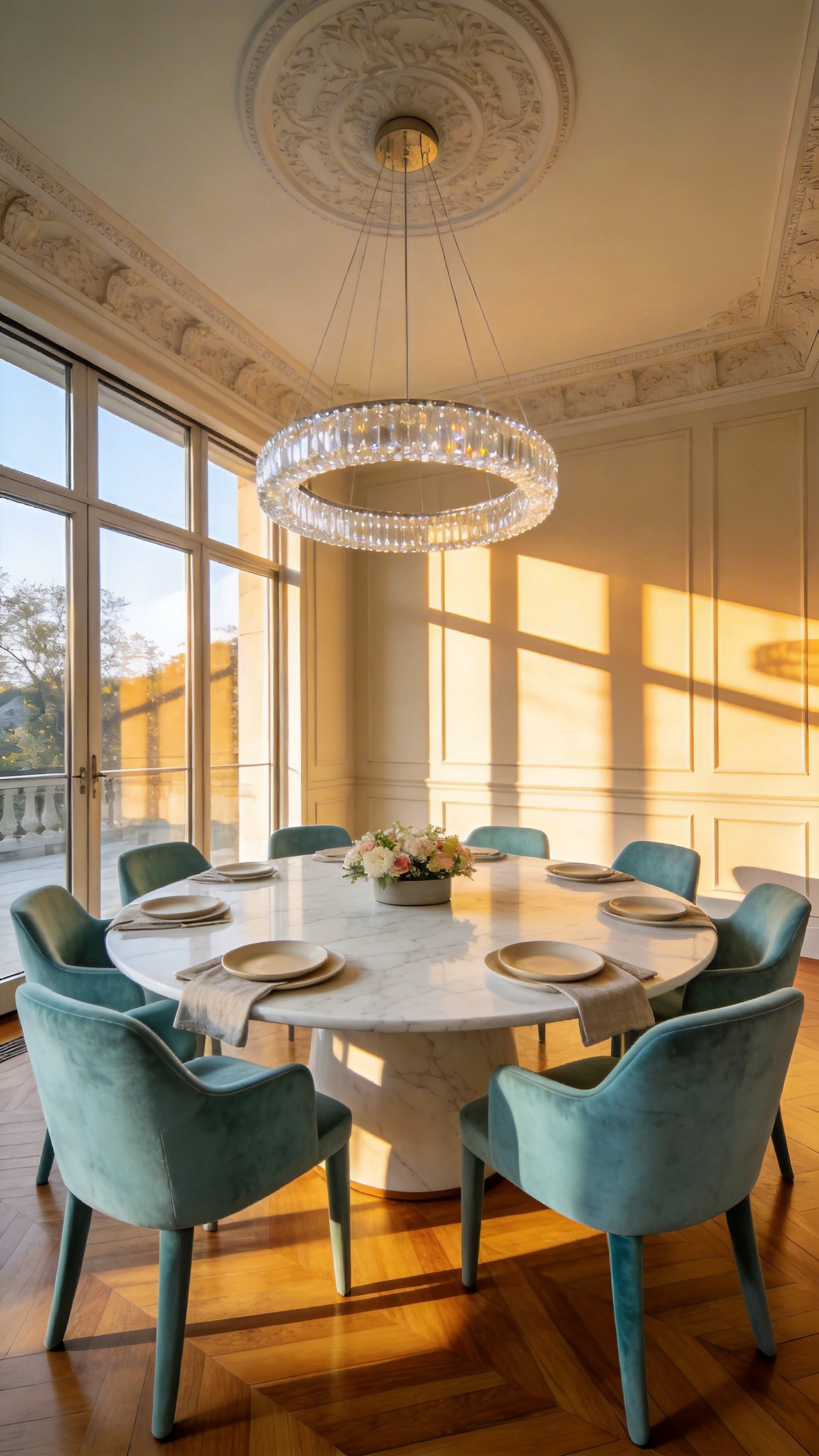 A modern luxury dining room featuring a large round marble table and teal velvet chairs under a crystal chandelier.