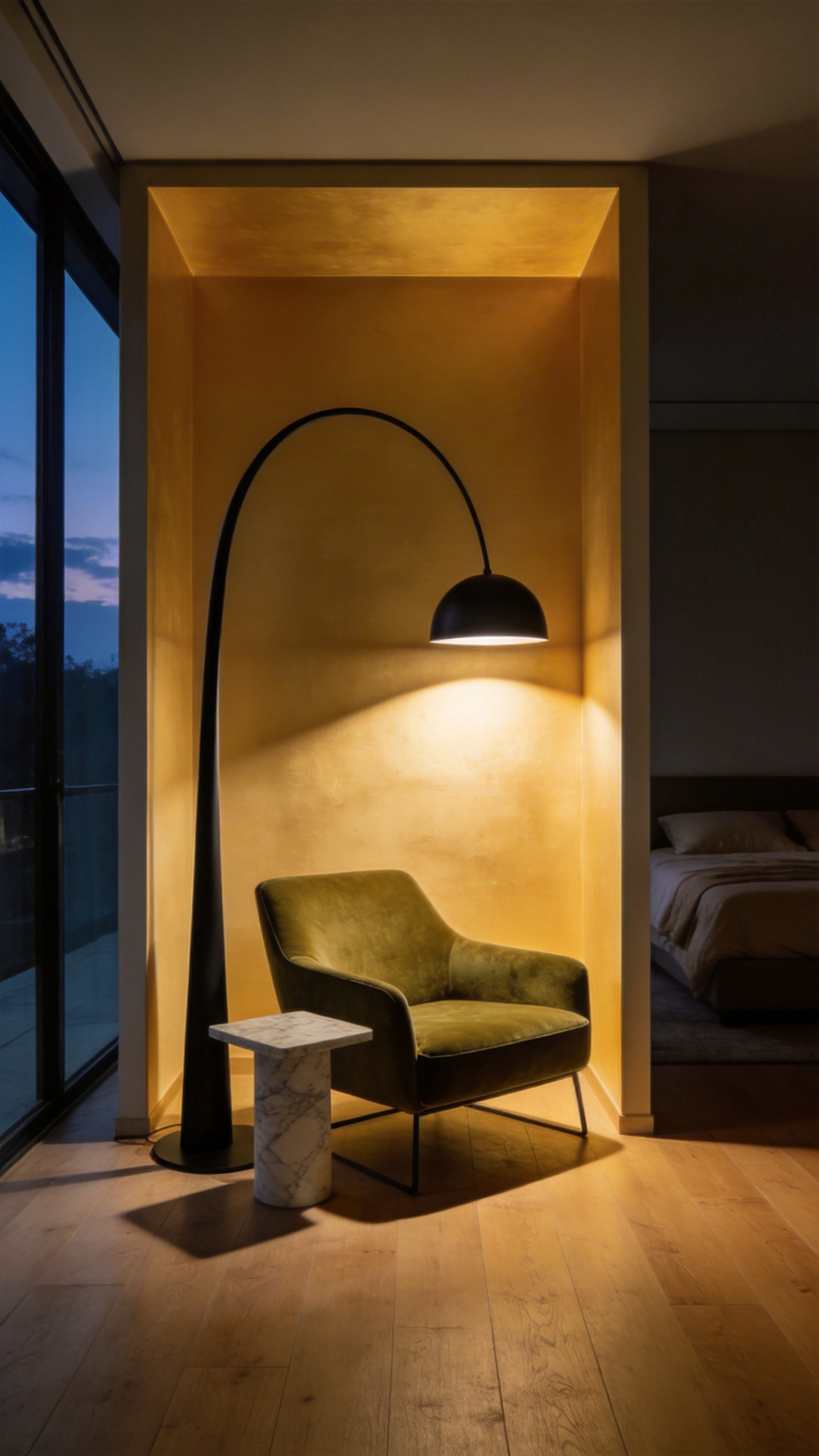 A modern bedroom interior featuring a tall sculptural floor lamp illuminating a cozy reading chair to create a separate zone from the bed.