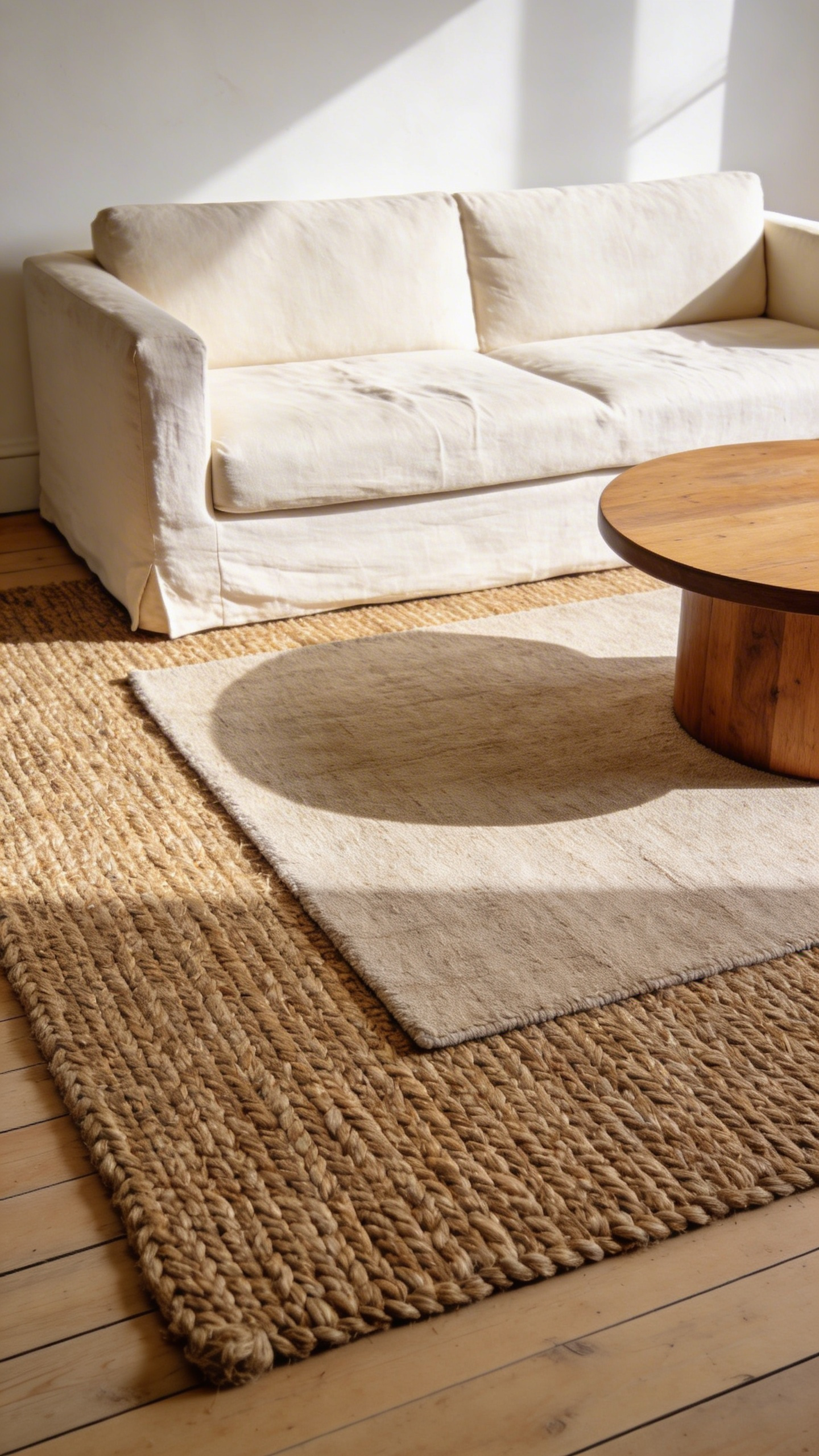 A photograph of a bright, modern living room illustrating seasonal rug layering, featuring a large, durable jute anchor rug grounding a cream sofa beneath a smaller flat-weave wool top rug.