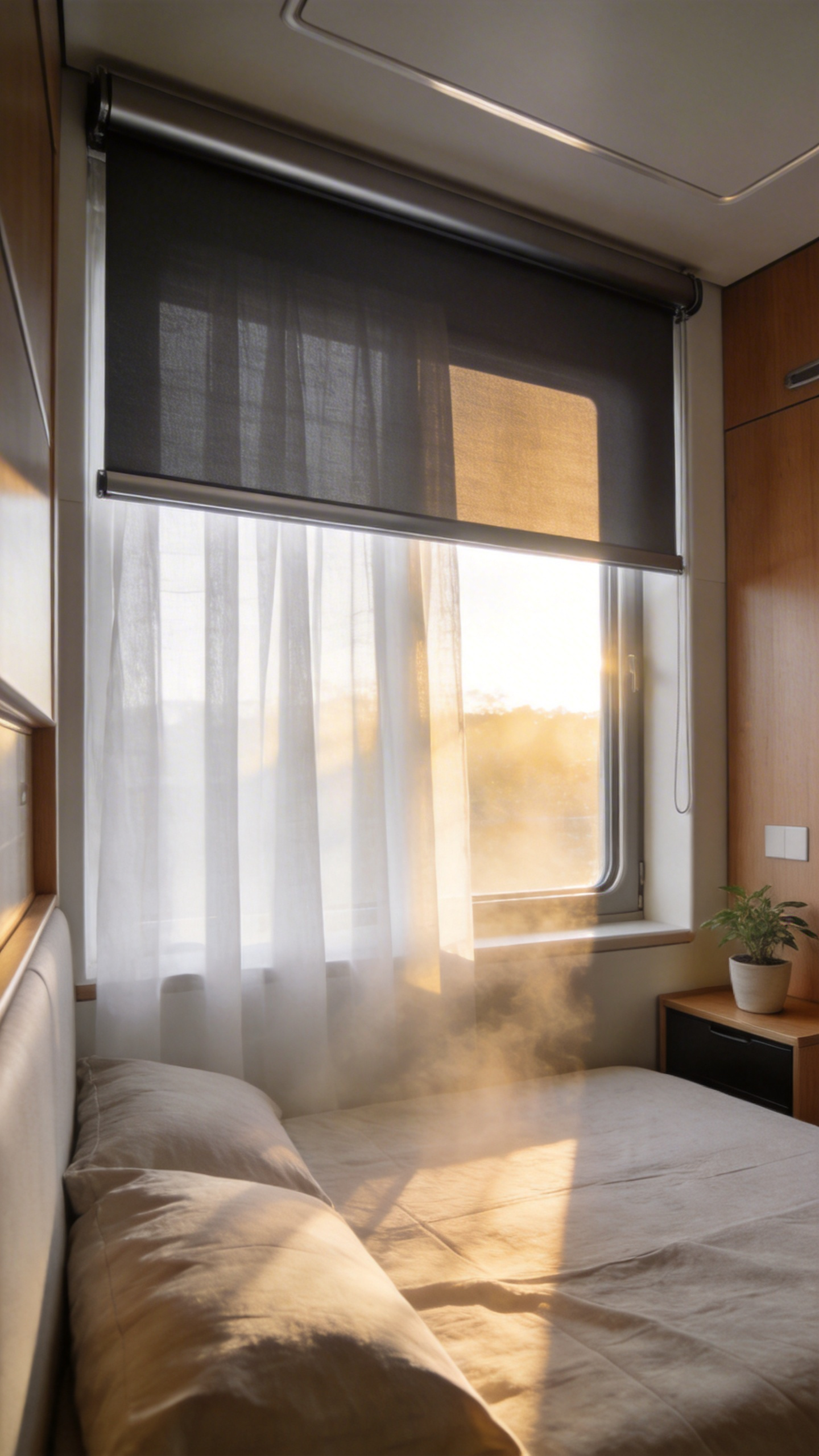 A small bedroom featuring layered window treatments with sheer linen curtains and an automated blackout shade filtering soft morning light.