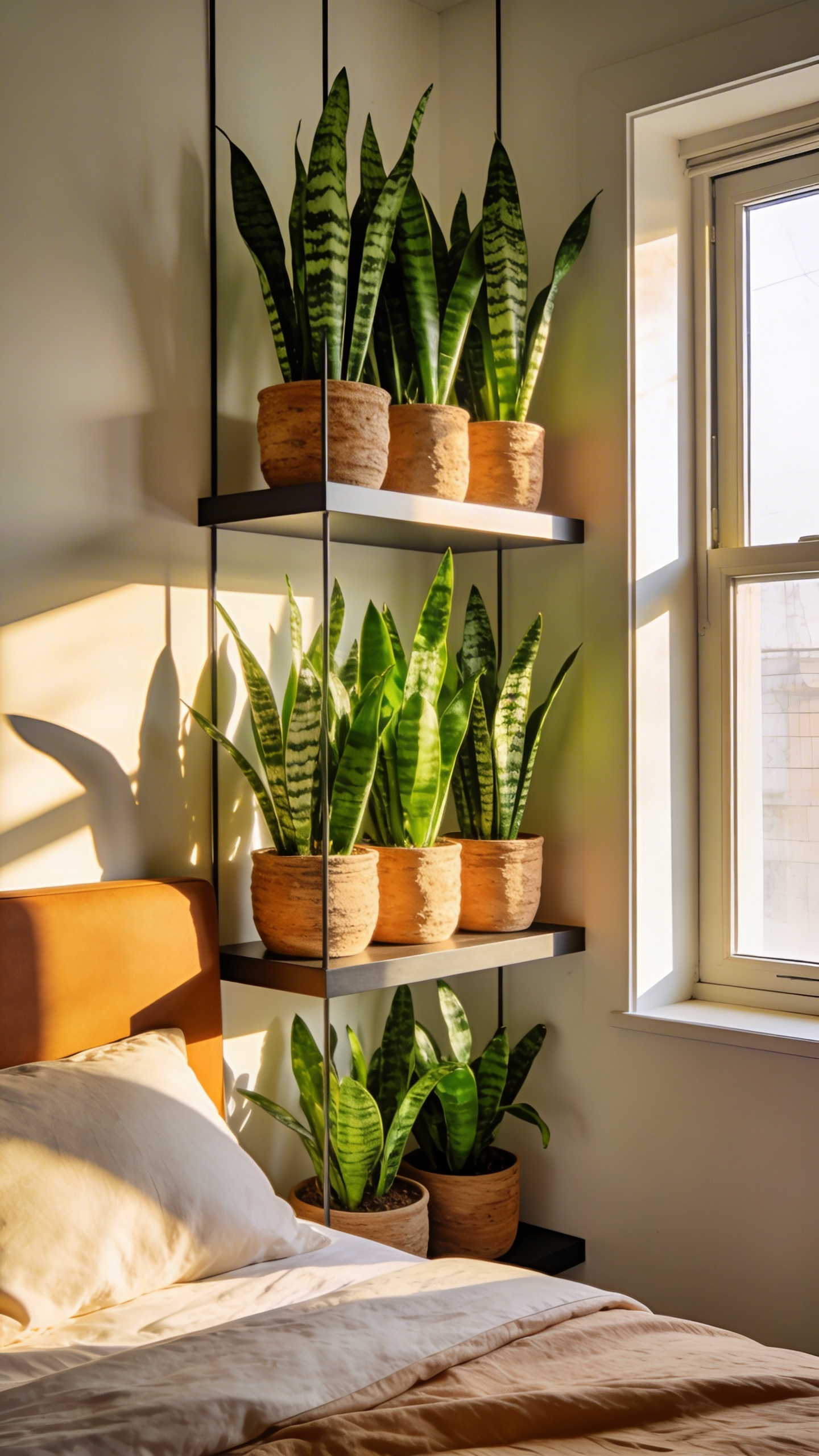 Vertical wall shelving featuring green snake plants positioned near a bed to improve air quality in a small bedroom.