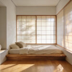 A small minimalist bedroom featuring a low wooden bed and soft natural lighting that creates a sense of peaceful retreat and mental expansion.