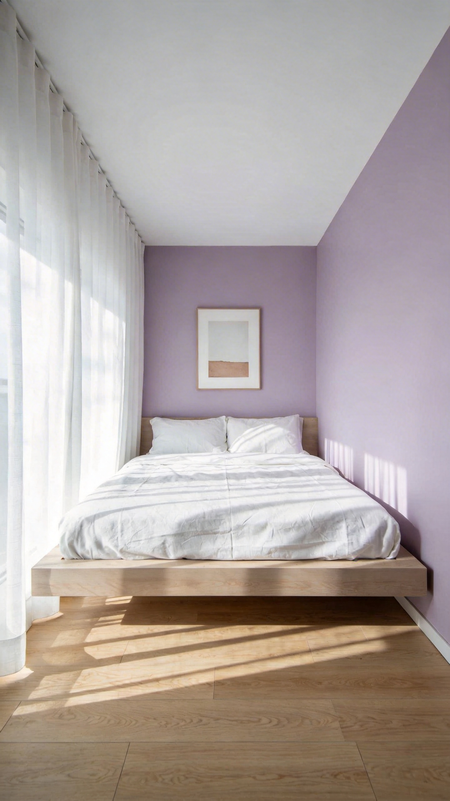 A small, minimalist bedroom with misty lavender walls, a low-profile bed, and soft natural light, illustrating an expansive color strategy for small spaces.