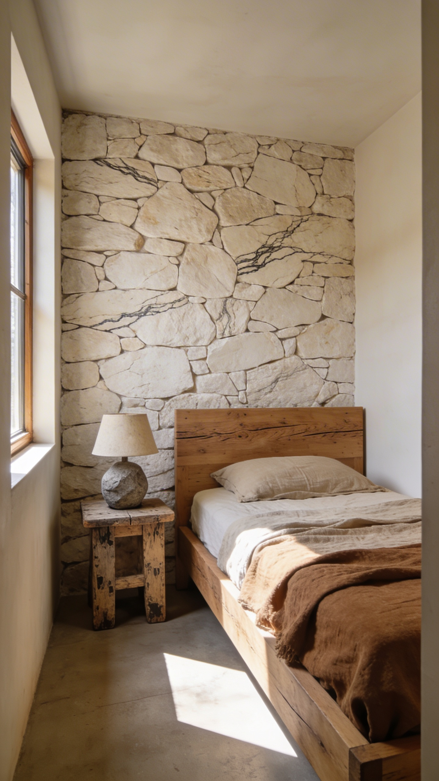A small bedroom design featuring a raw wood bed frame and a textured stone accent wall to create a natural grounding effect.